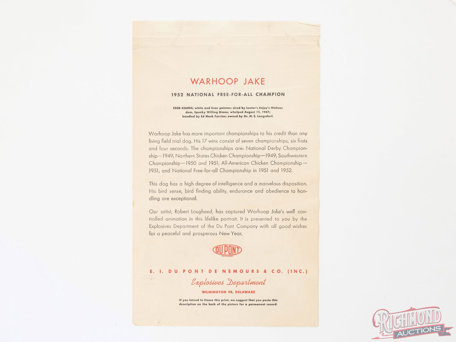 1952-1953 DuPont Explosives Department Full Calendar With Lougheed Warhoop Jake Bird Dog Print - 2