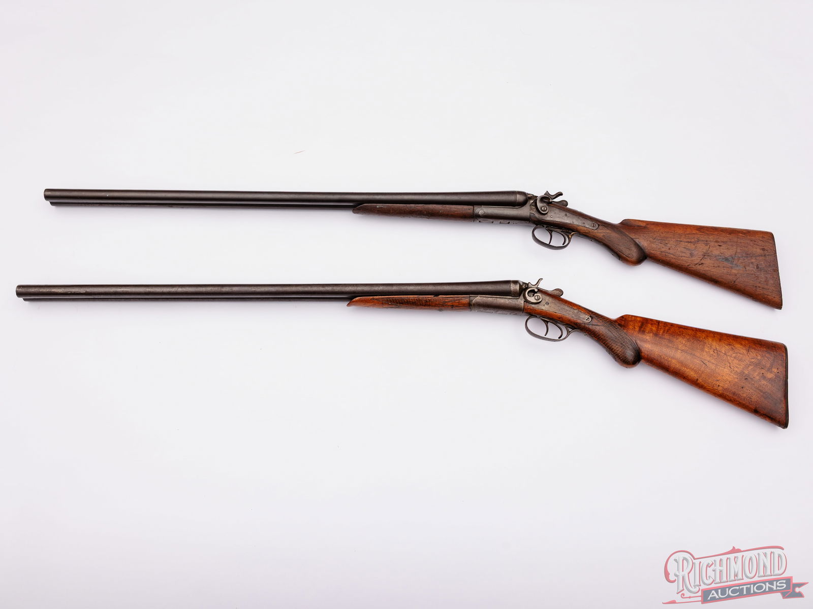 Antique Wall Hanger Exposed Hammer Side By Side 12 Gauge Shotguns - 2