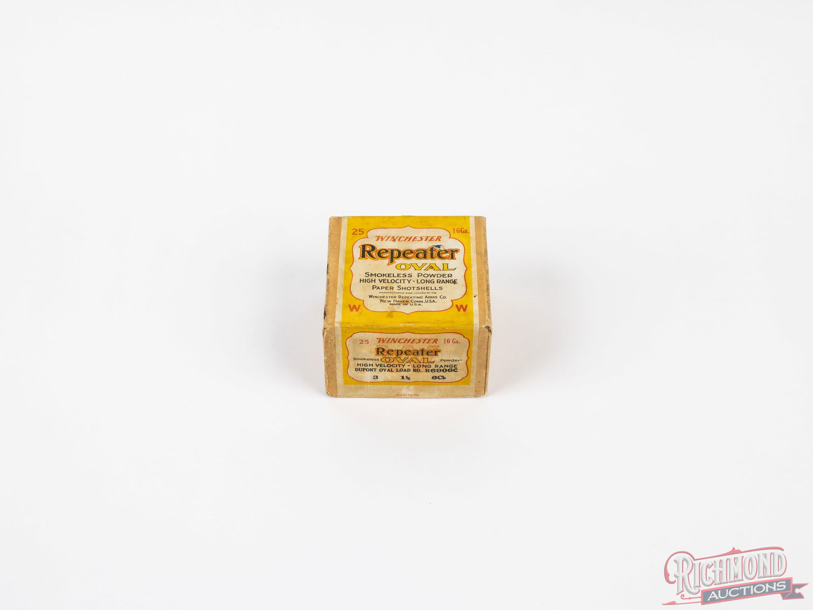 Sealed Two-Piece Winchester Repeater "Oval" 16 Gauge Brass Collector Shot Shell Box: Sealed two-piece collector box, 25 rounds. Winchester 16 Gauge Brass Shot Shells 2 -1/2". Circa late 1920's. These shells are for reloading, not easy to find this box in 16 ga and sealed! .