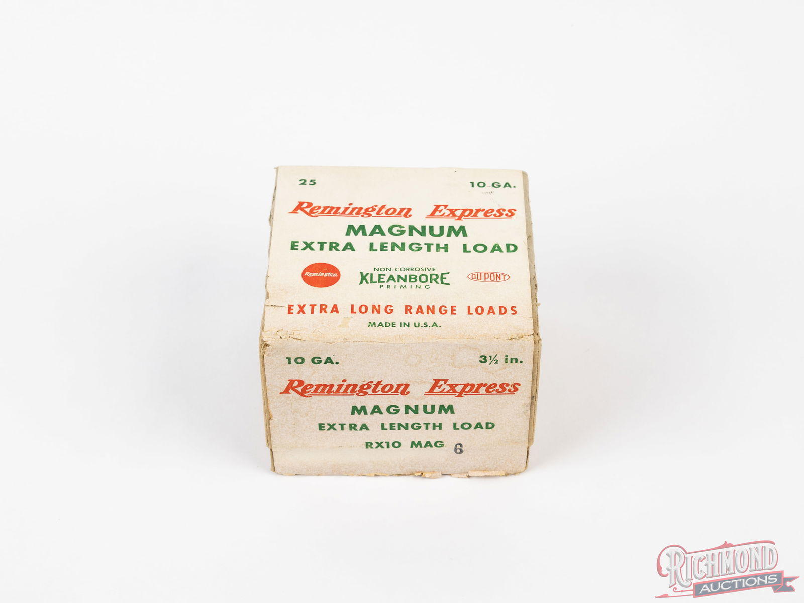 Sealed Remington Express Magnum 10 Gauge Shot Shell Collector Two-Piece Box: 25 rounds of Remington Express Magnum Extra Length Load, full and sealed on one edge. Two-piece box, 10 gauge, 3-1/2", 6 shot. CALIBER/GA: 10 GA.ConditionGOOD - light edge wear and faint stains.