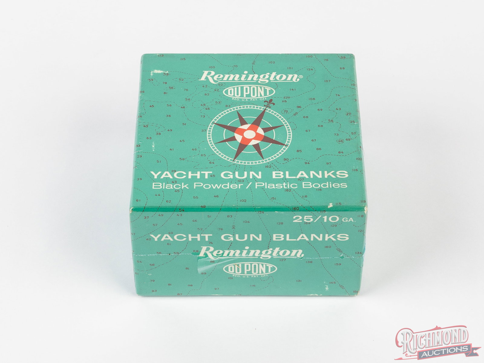 Rare DuPont Remington Yacht Gun Blanks 10 Gauge Two-Piece Collector Shell Box: Rare two-piece box, full and correct of DuPont Remington "Yacht Gun Blanks". 25 rounds of 10 gauge black powder with plastic hulls. Likely early 1960's. CALIBER/GA: 10 GA.ConditionVERY GOOD - minor