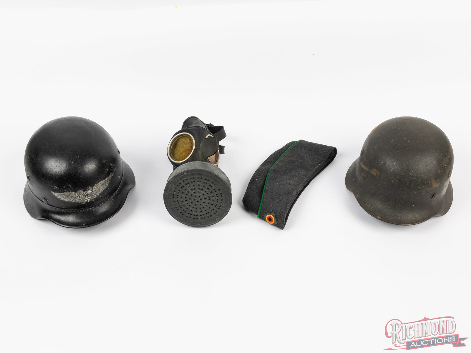 Two German WWII Stahl Helm Helmets, Civilian Gas Mask And Reproduction Heer Army Field Cap (1 of 2)