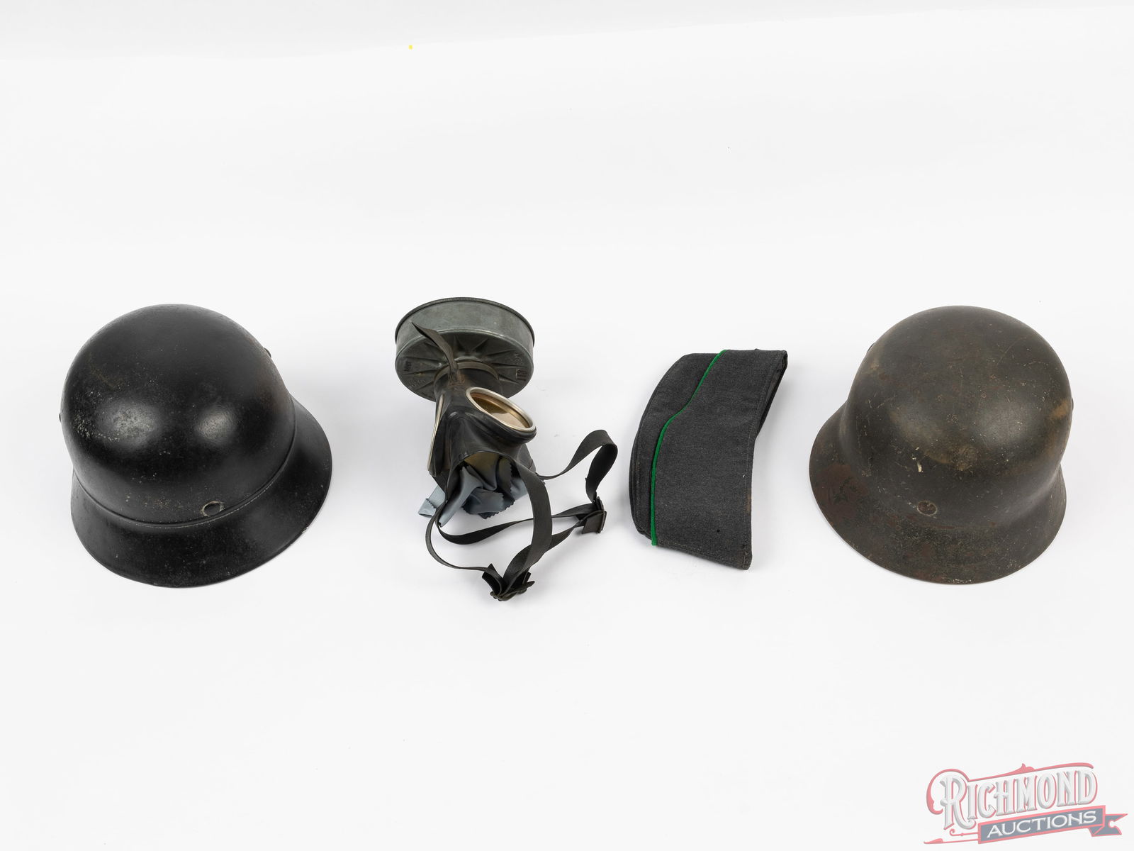 Two German WWII Stahl Helm Helmets, Civilian Gas Mask And Reproduction Heer Army Field Cap - 2