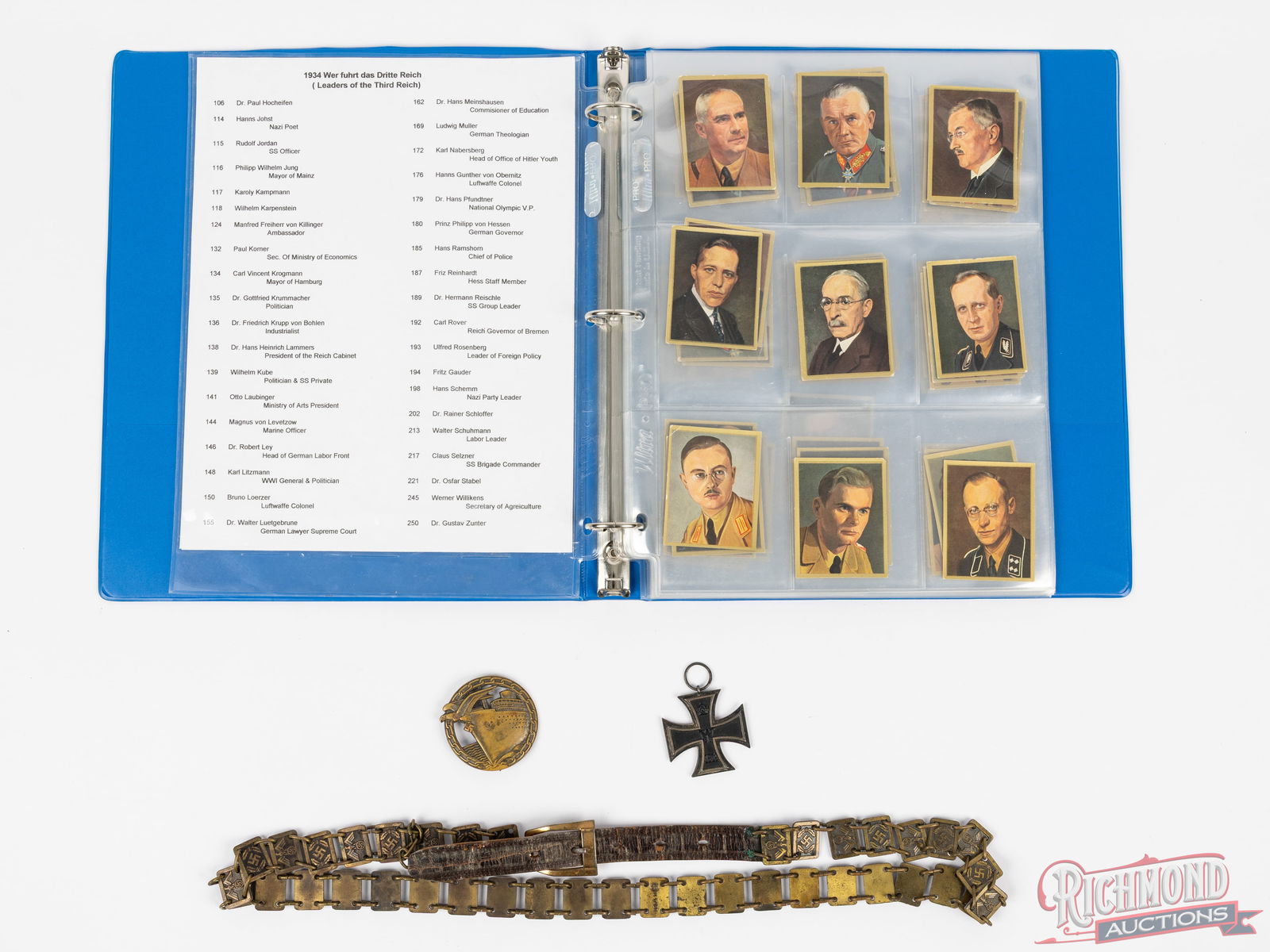 German Third Reich Collection Trading Cards, Iron Cross, Kreigsmarine Badge, Gorget Political Chain: World War II German Third Reich collection includes 75 of the 1934 Wer fuhrt das Dritte Reich (Leaders of the Third Reich) trading cards. These cards come in clear sleeve protectors in a binder with