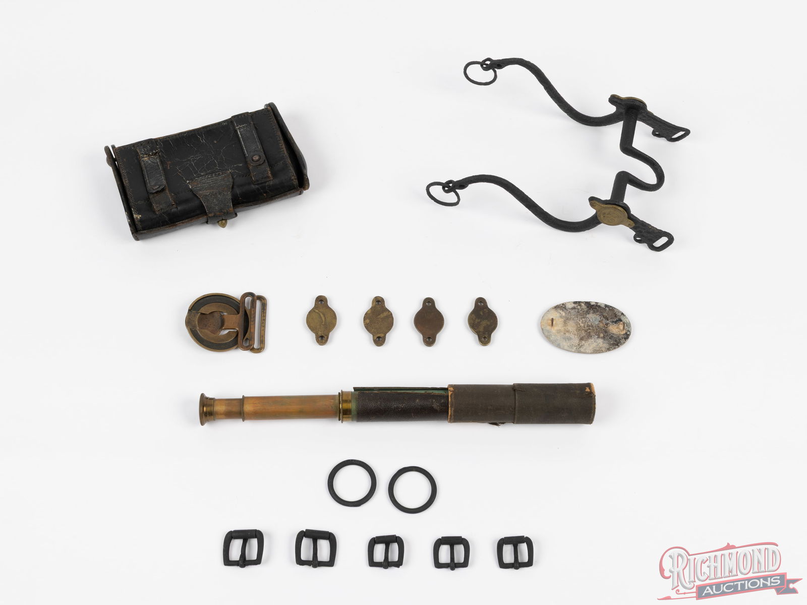 Lot Of US Military Items Including Ammo Pouch, Buckles, And Bridle Rosettes - 2