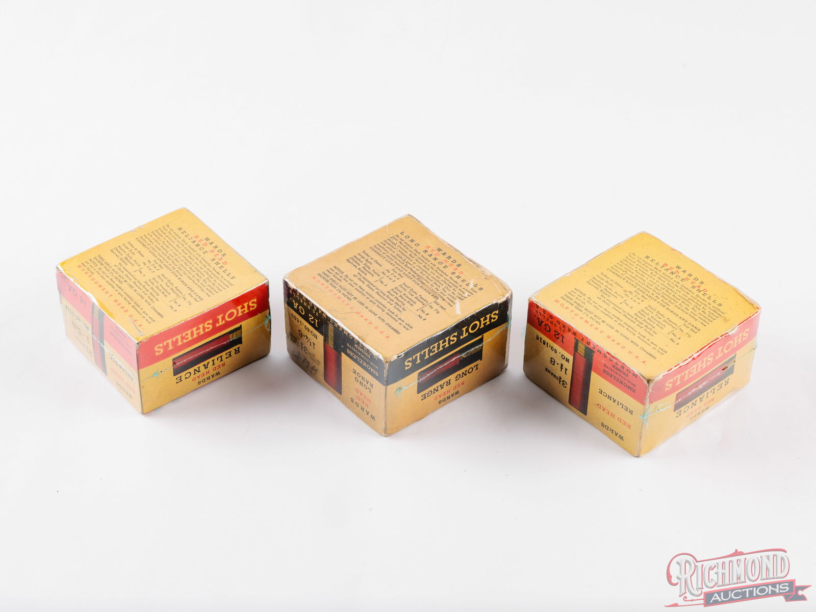 Three Montgomery Ward Red Head 12 GA & 16 GA Collector Shotshell Boxes Two Full - 2