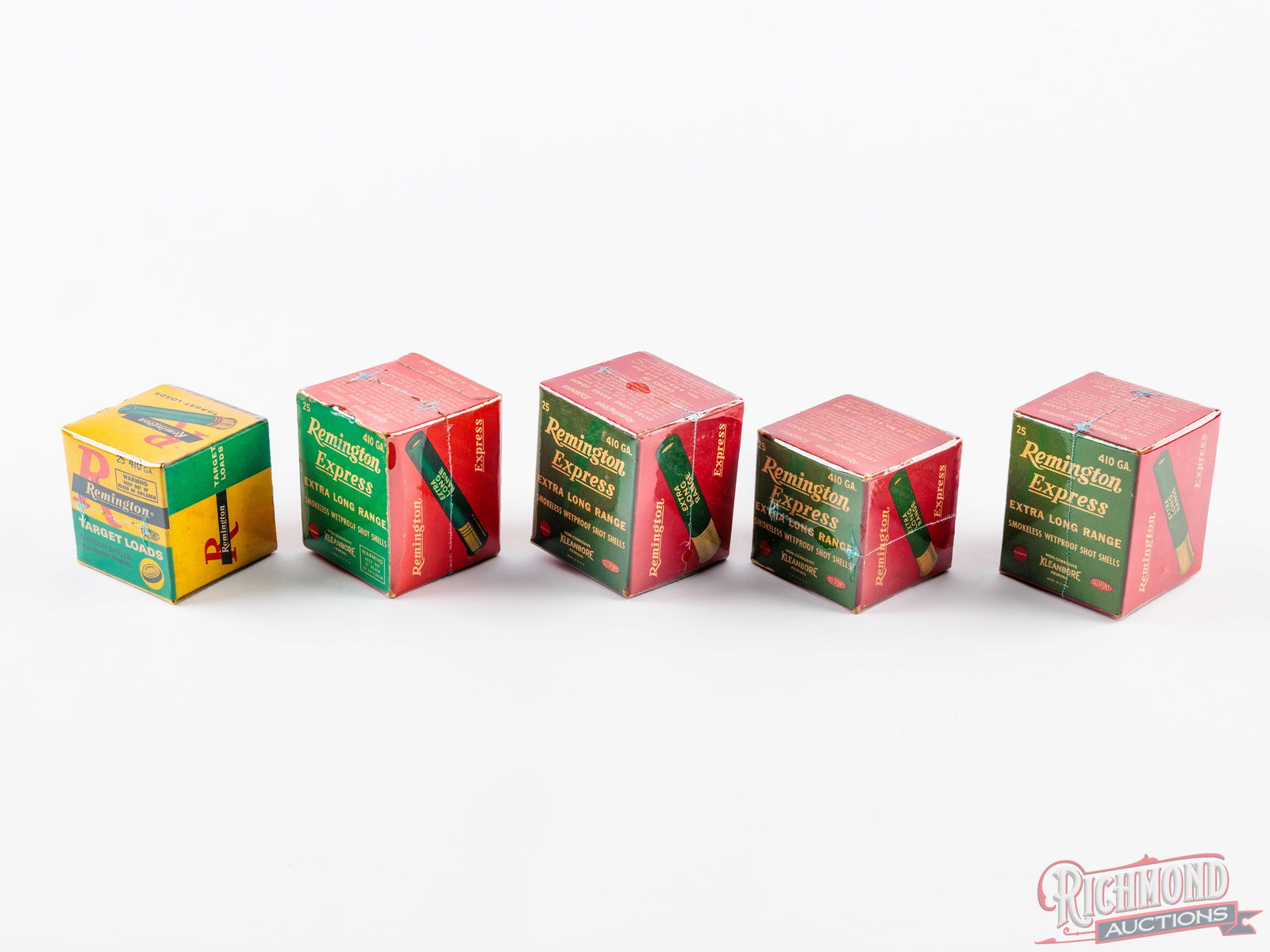 Five Collector Boxes Remington .410 GA Shotshells: All five are Remington brand, .410 gauge one-piece boxes. One factory full box of Express 2-1/2", 1/2 oz, 6 shot Extra Long Range. One 7 factory rounds Express Extra Long Range 3", 3/4 oz, 6 shot.