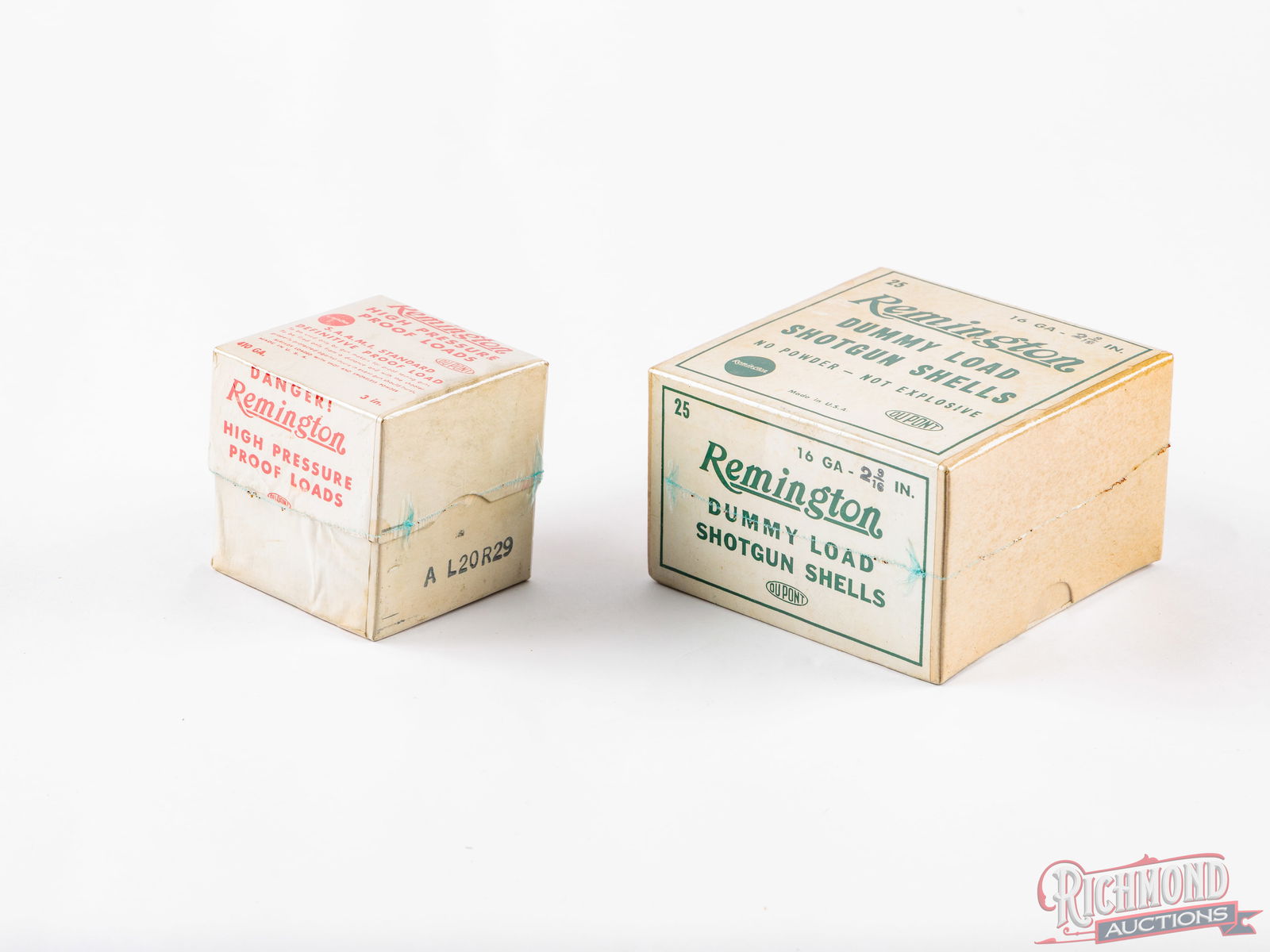 Rare Remington 16 GA Dummy Load Shotgun Shells & .410 GA High Pressure Proof Loads Collector Box: One factory full 25 round sealed box of Remington Dummy Load Shotgun Shells, no powder, non-explosive, 16 gauge, 2-9/16". Two-piece buff tone box with white label with dark green print. One empty box