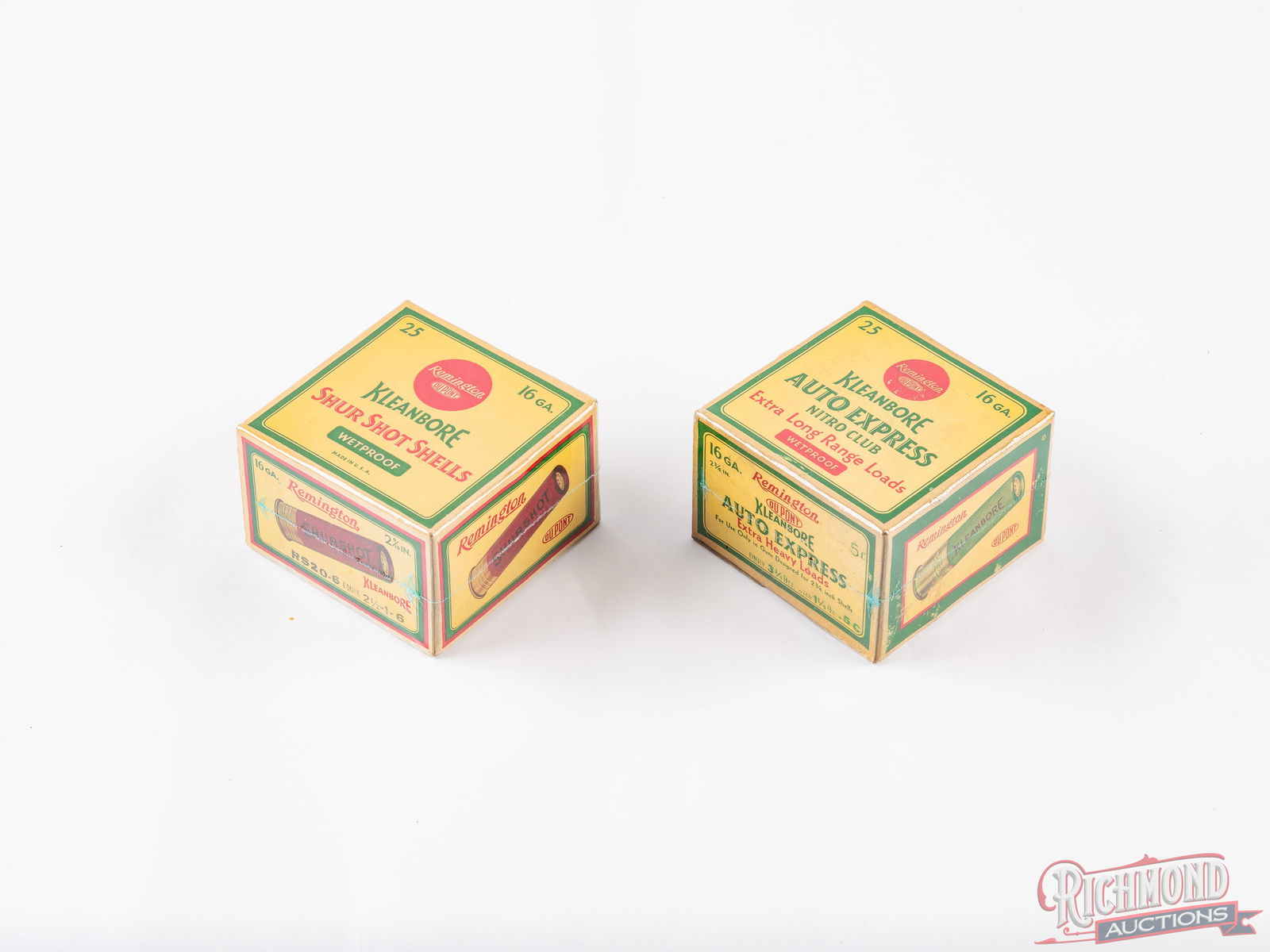 Two Remington DuPont 16 GA Collectible Shotshell Boxes One Factory Full: One factory full box of Kleanbore Shur Shot Shells Wetproof, 16 gauge, 2-9/16", 2-1/2 dram, 1 oz, 6 shot. One box, 24 count empty shells Kleanbore Auto Express Nitro Club, extra long range 16 gauge,