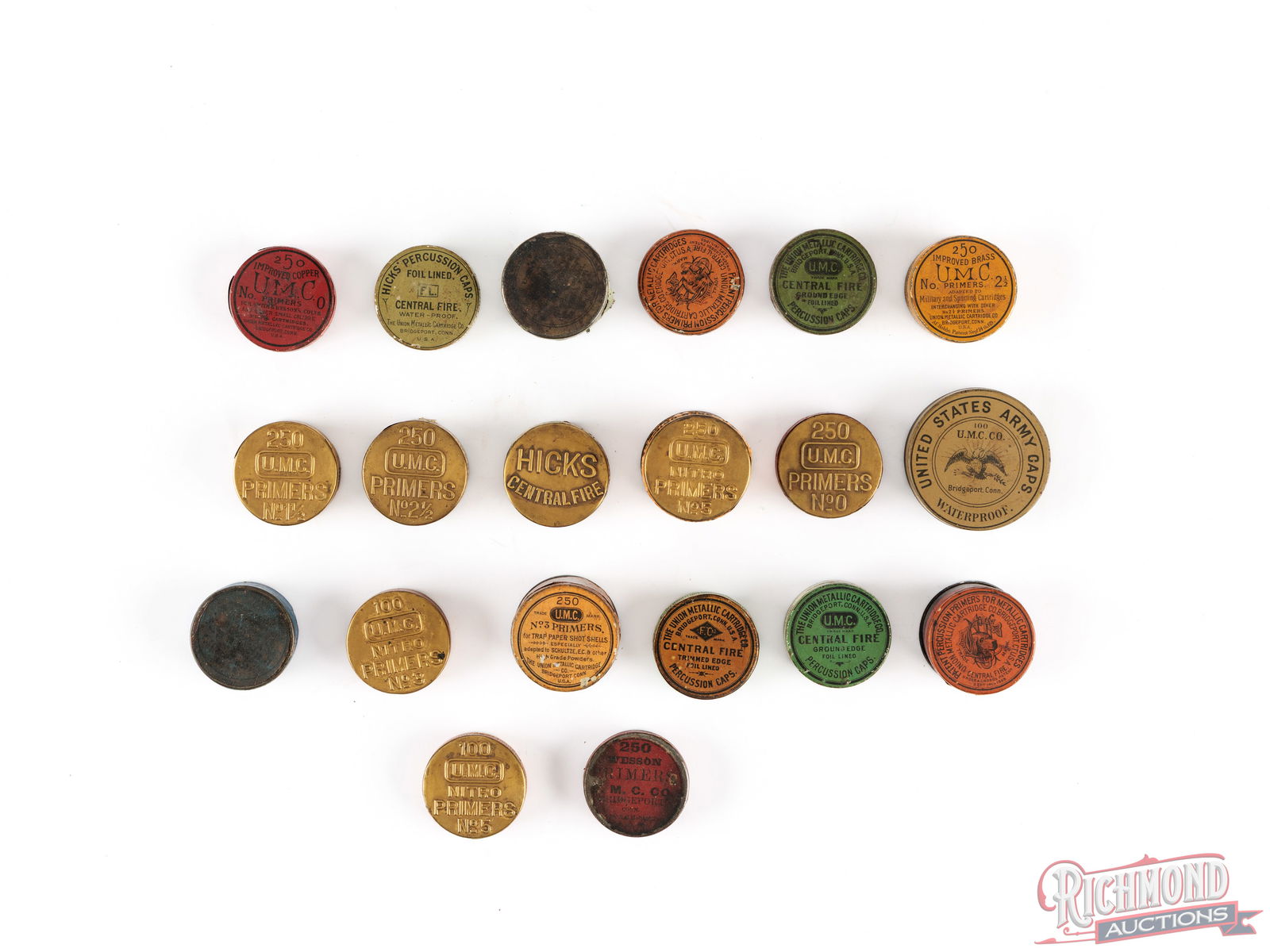 Collectors Lot Of U.M.C Primer Tins And Boxes In Display Case - 4