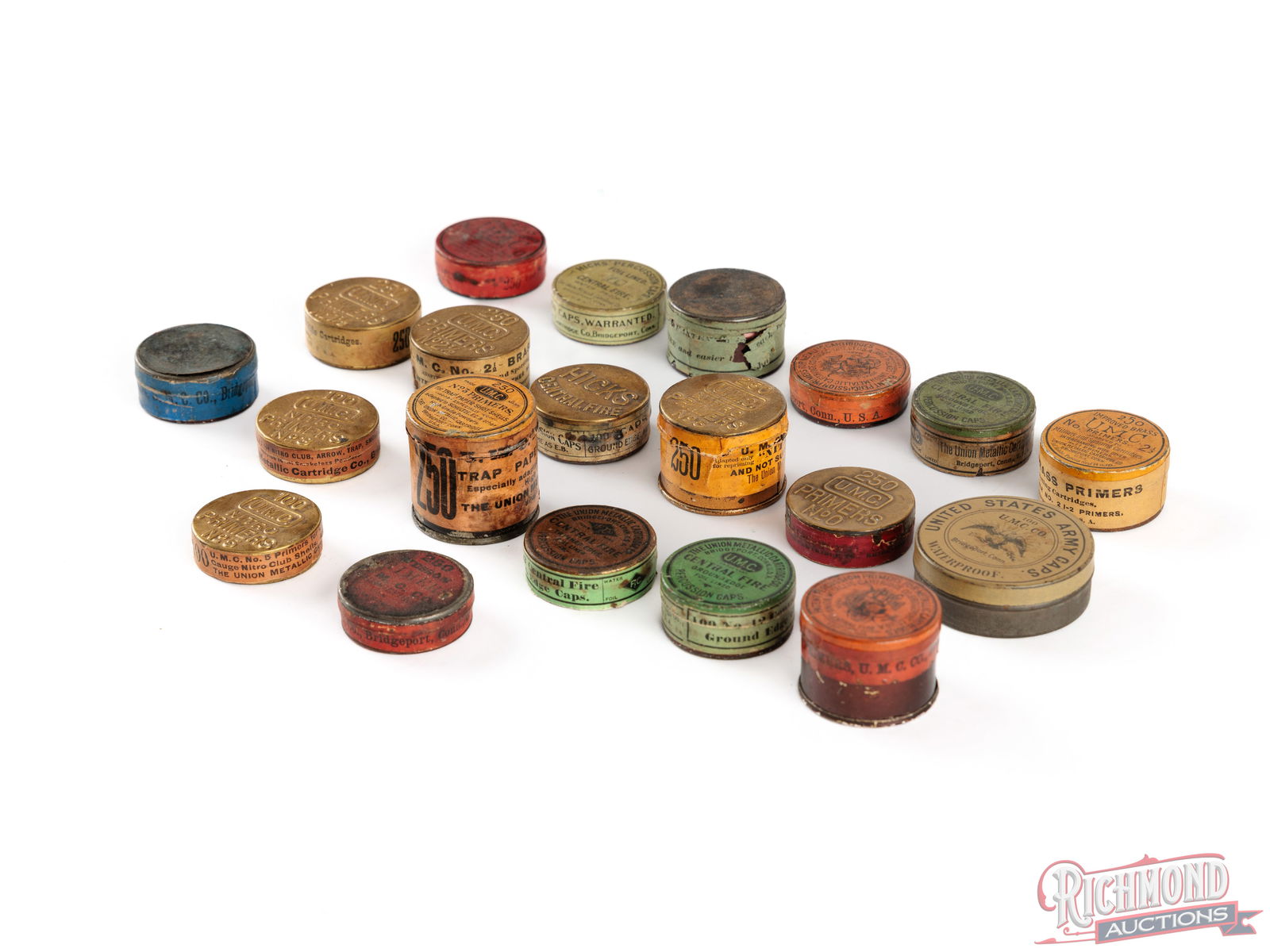 Collectors Lot Of U.M.C Primer Tins And Boxes In Display Case - 5