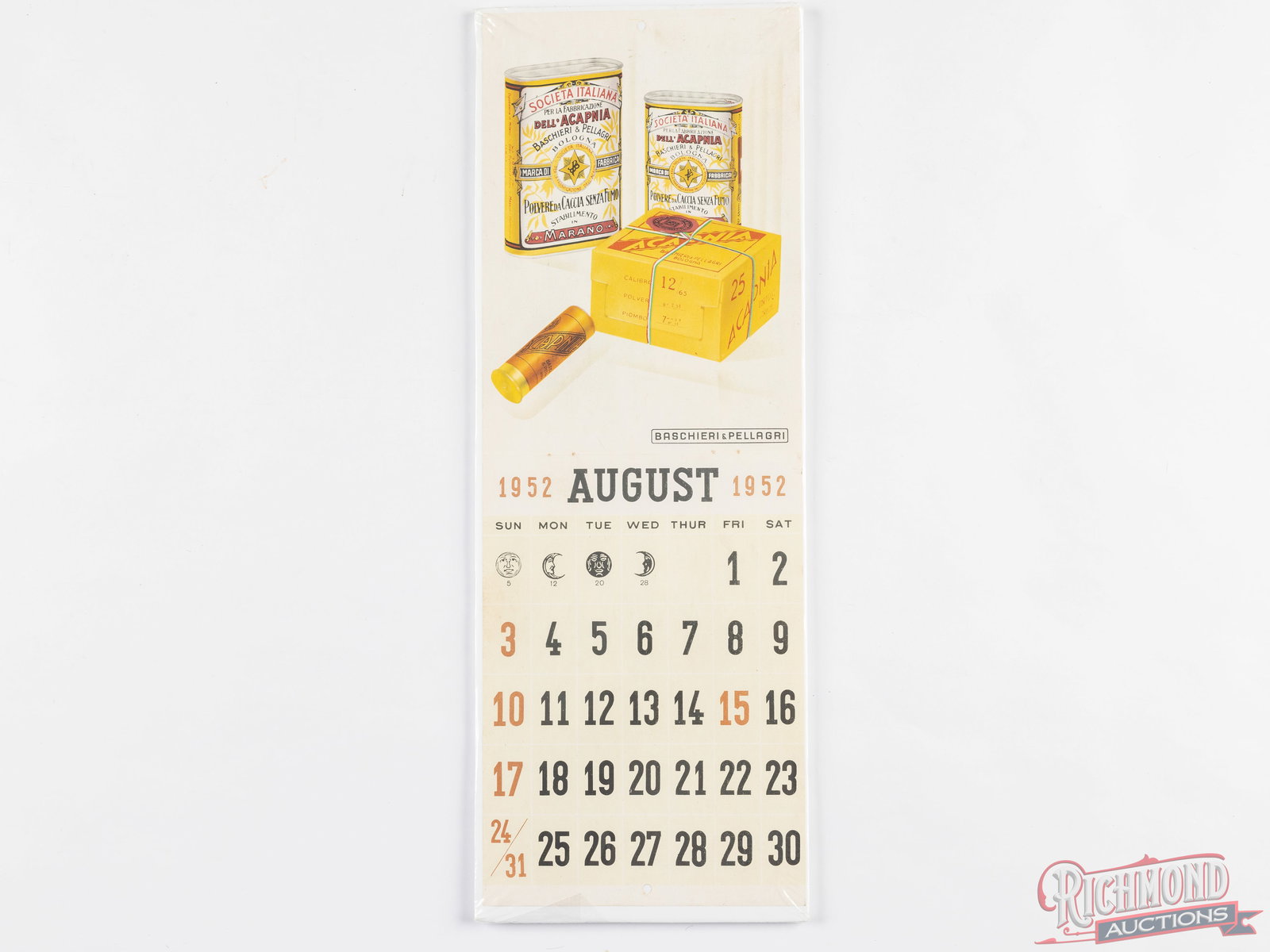 August 1952 Baschieri & Pellagri Powder & Shells Paper Advertisement Calendar (1 of 1)