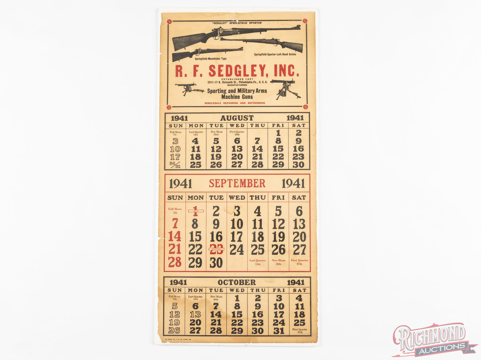 1941 S.F. Sedgley Sporting & Military Arms Advertising Calendar Poster (1 of 1)