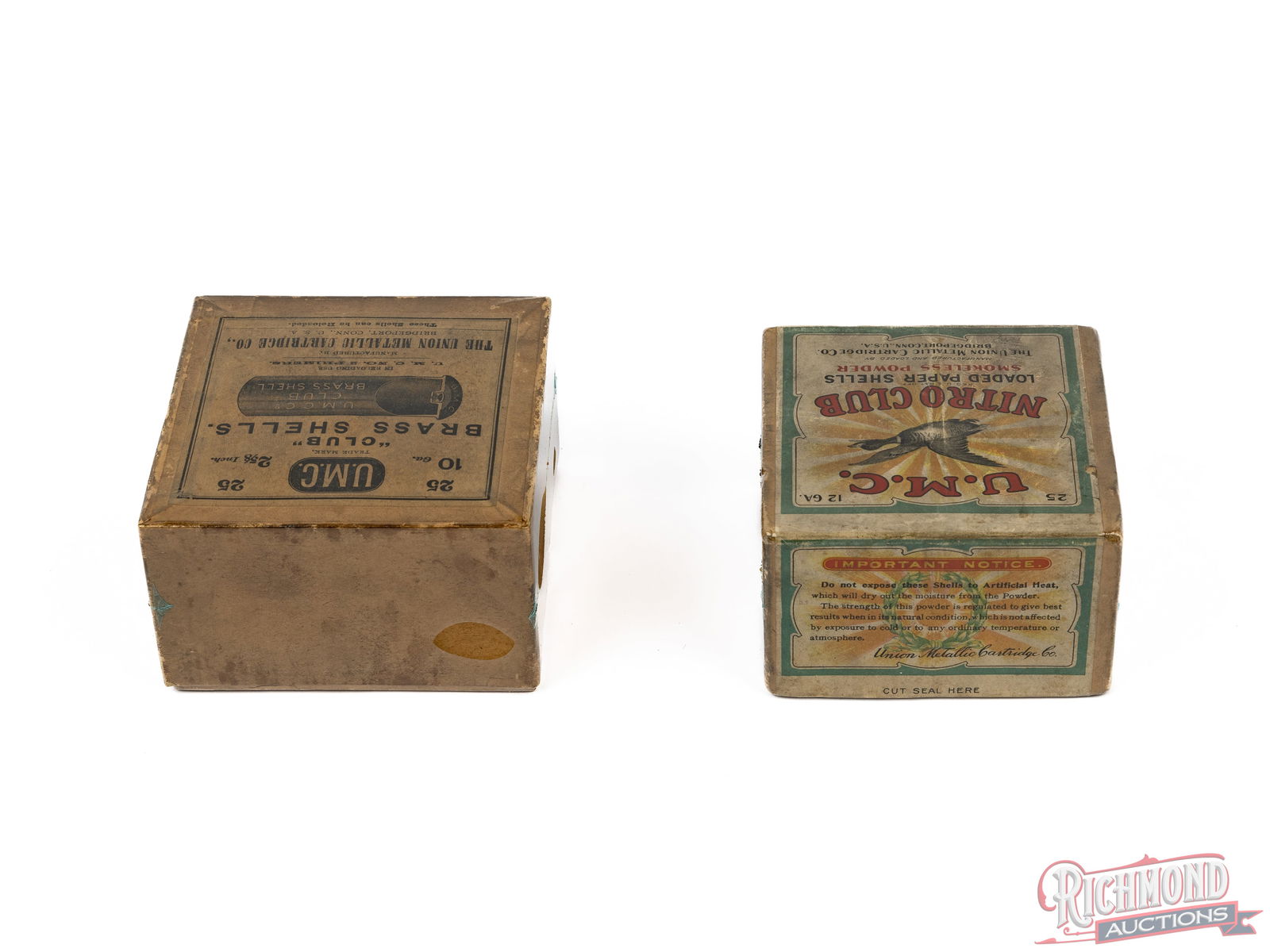 Two Rare UMC Union Metallic Cartridge Sealed Nitro Club Shot Shell Box & "Club" 10 GA Brass Shells - 2