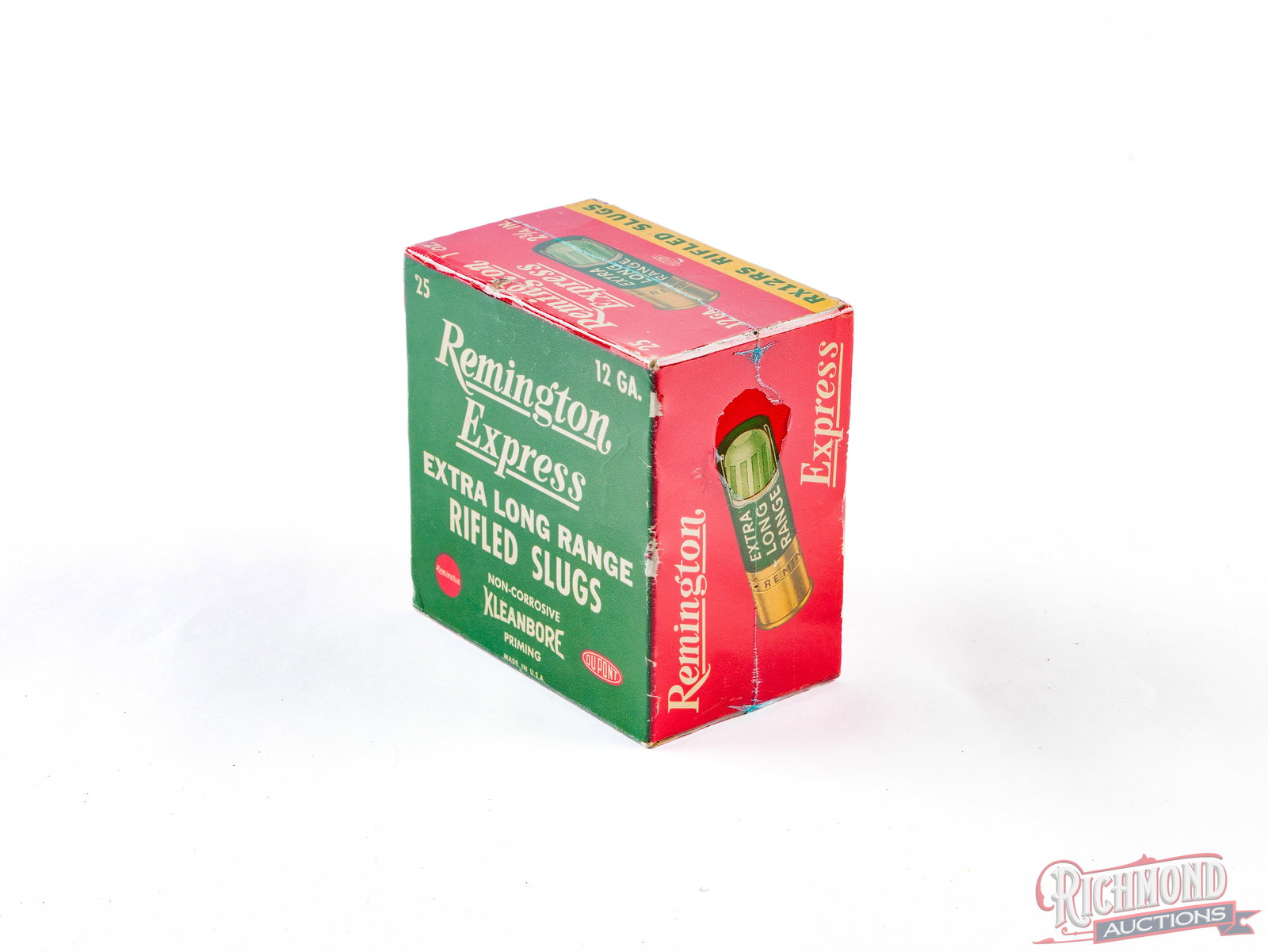 Factory Full Remington Express 12 GA Rifled Slugs Collector Shotshells Box: Full 25 round Remington Express collector box. Extra long range rifled slugs in 12 gauge, 1 oz, 2-3/4". In green and red box with shotshell graphic on all four sides. CALIBER/GA: 12 GA. Condition VERY