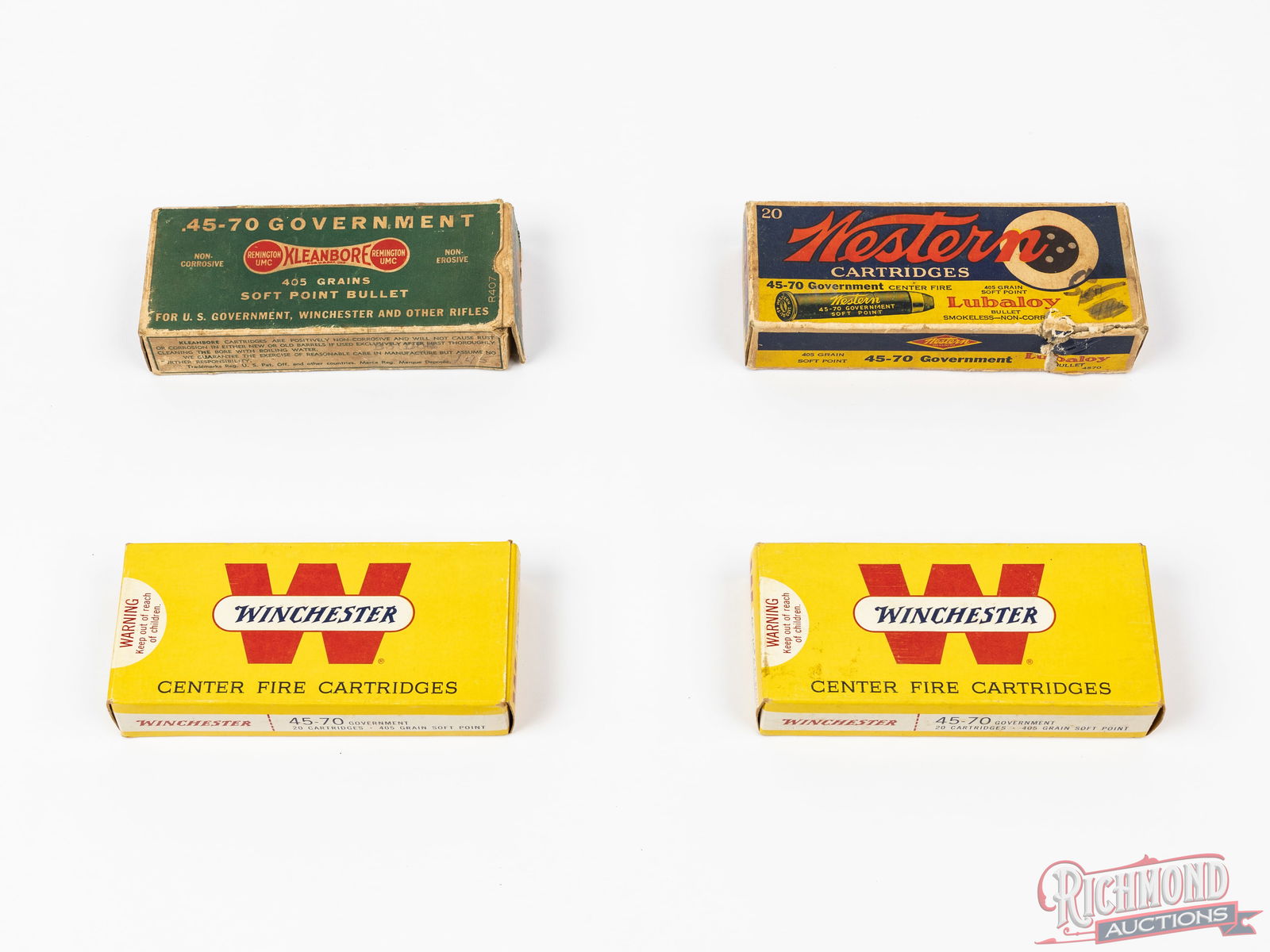 68 Rounds Winchester, Western & Remington UMC .45-70 Gov't Ammunition In Vintage Boxes: Four vintage boxes of .45-70 Government ammunition. Two full boxes, 20 rounds each of Winchester Olin, #W4570 with 405 grain, soft point. One box, 18 rounds Remington UMC 405 grain, soft point