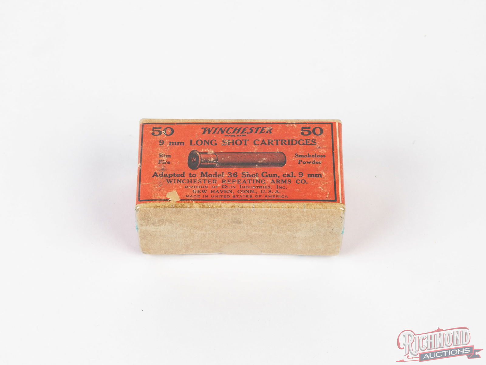 Rare Winchester Sealed Box 9mm Rimfire Long Shot Cartridges For Model 36 Two-Piece Box: Rare ammunition, even more rare in a sealed full box! 50 rounds of Winchester 9mm long shot cartridges for the model 36 shotgun. Two-piece box, sealed on both sides. CALIBER/GA: 9mm Long