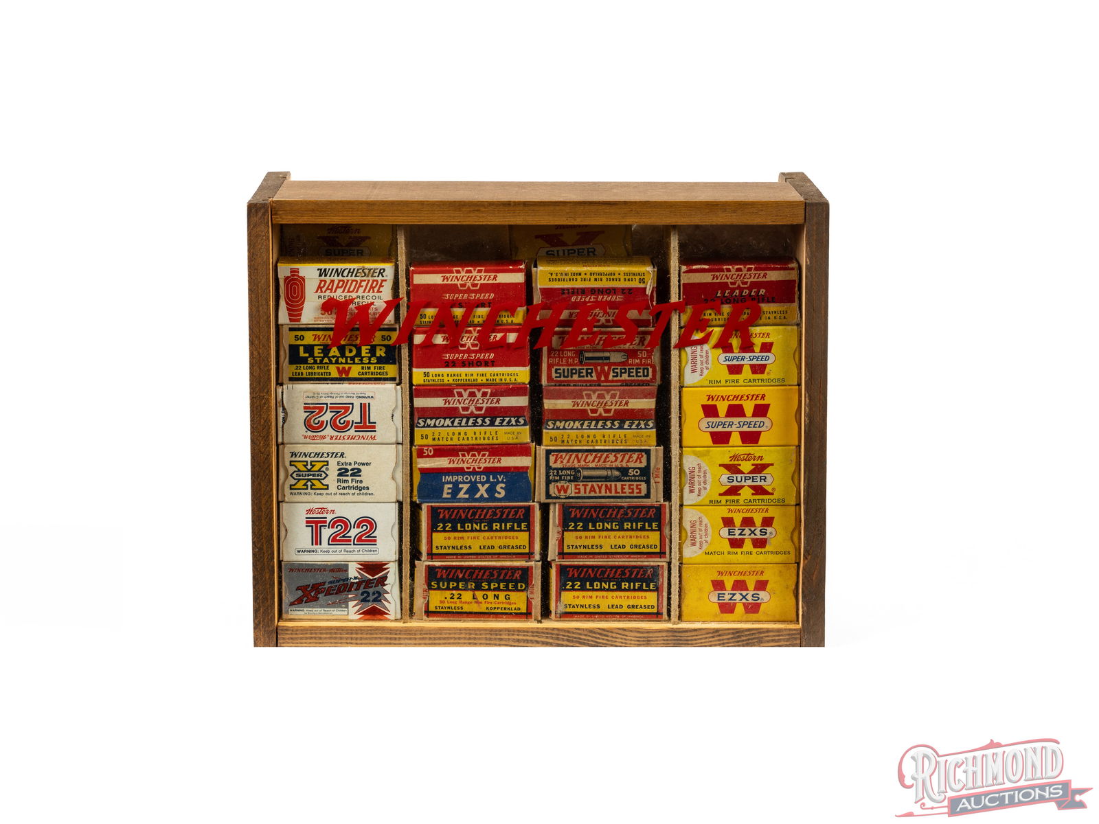 Wood & Glass Winchester Display Case With 29 Boxes of Vintage 22 LR, Long & Short Ammunition (1 of 3)