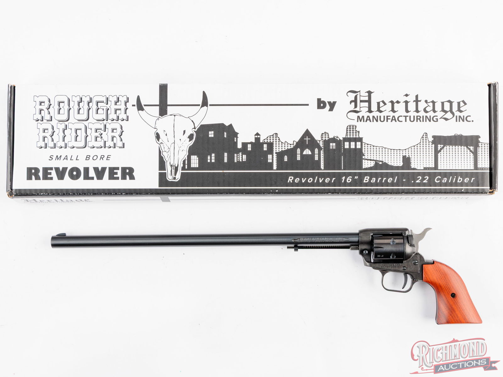 Heritage Rough Rider .22 LR Buntline 16" Single Action Revolver in Original Box: This USA made Heritage is in like new condition. Features a 16" barrel with a rear notch sight and blade front. Six round fluted cylinder chambered for 22 LR. Manual thumb safety. Black blued finish