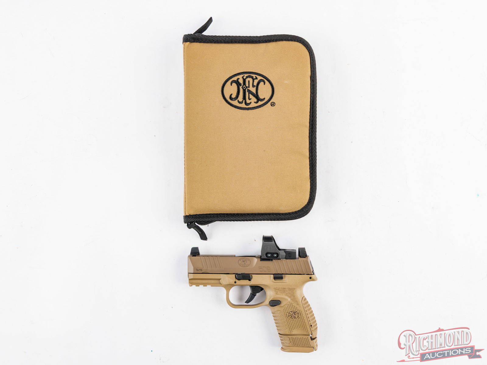 FN 509 Compact MRD 9mm Semi-Automatic Pistol In FDE With Sig Red Dot Optics And Accessories: Manufactured by FN in Columbia, South Carolina. This compact striker-fired pistol features a 3.7" barrel. Includes a Sig Sauer red dot optic mounted on the low-profile optics mounting system that also
