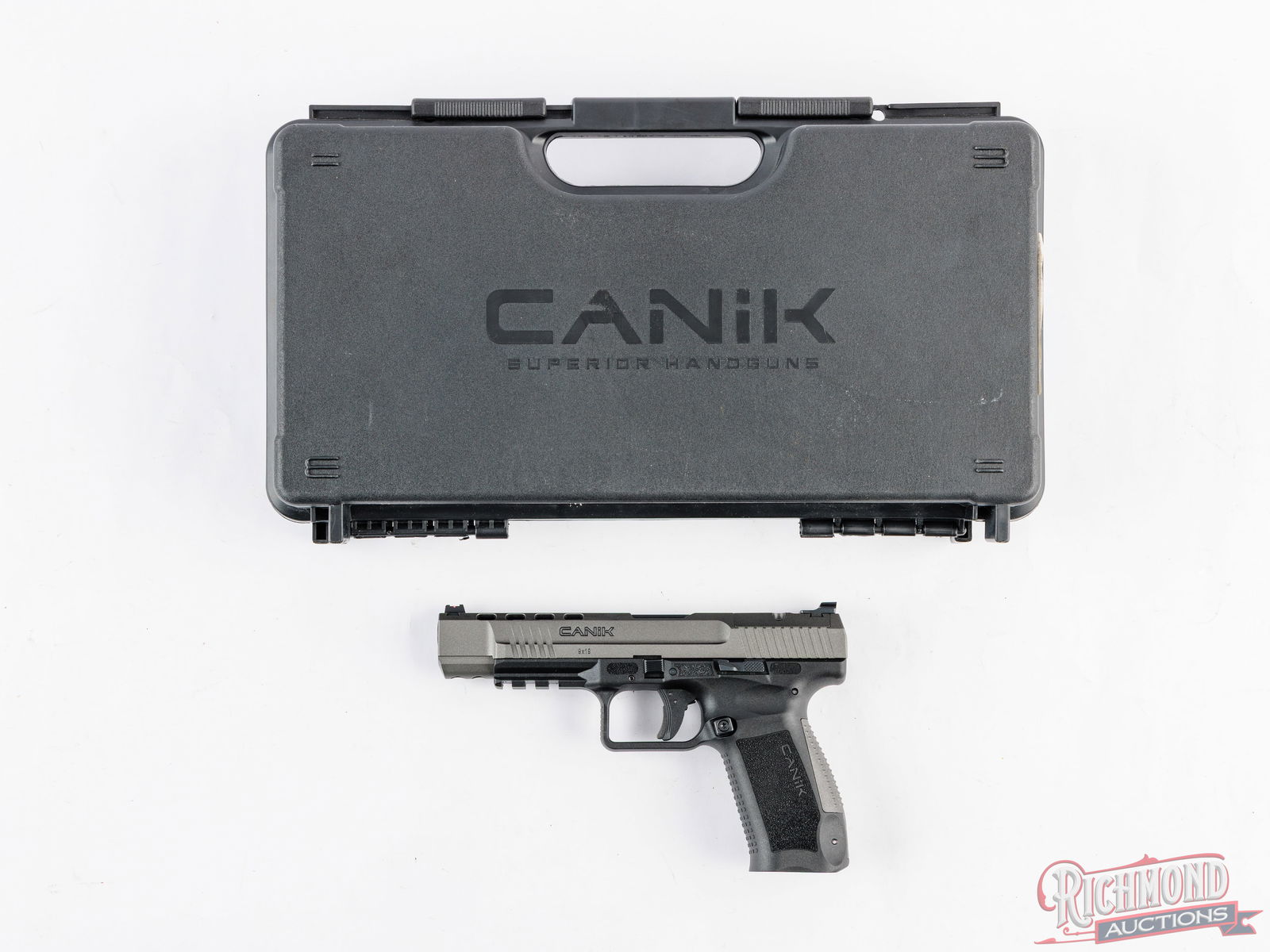 Unfired Canik TP9 SFX 9mm Semi-Auto Pistol Tungsten Duo-Tone In Original Case: Manufactured by Canik and imported by Century Arms. This pistol features a 5.2" barrel with rear notch and fiber optic front sight. Tungsten finished slide with ports. Optics ready with several