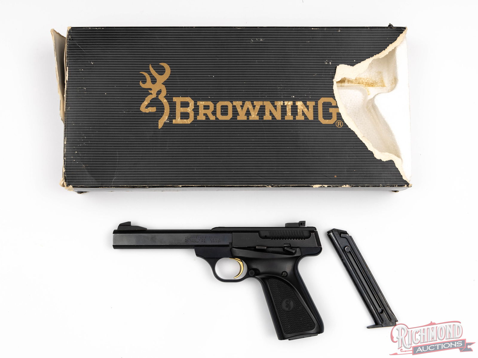 Browning Buckmark .22 LR Semi-Automatic Pistol with 5-1/2" Bull Barrel: Manufactured by Browning in the USA. This great target pistol features a 5-1/2" bull barrel with flat sides. Rear micrometer adjustable notch sight and target blade front. Serrated rear slide, manual