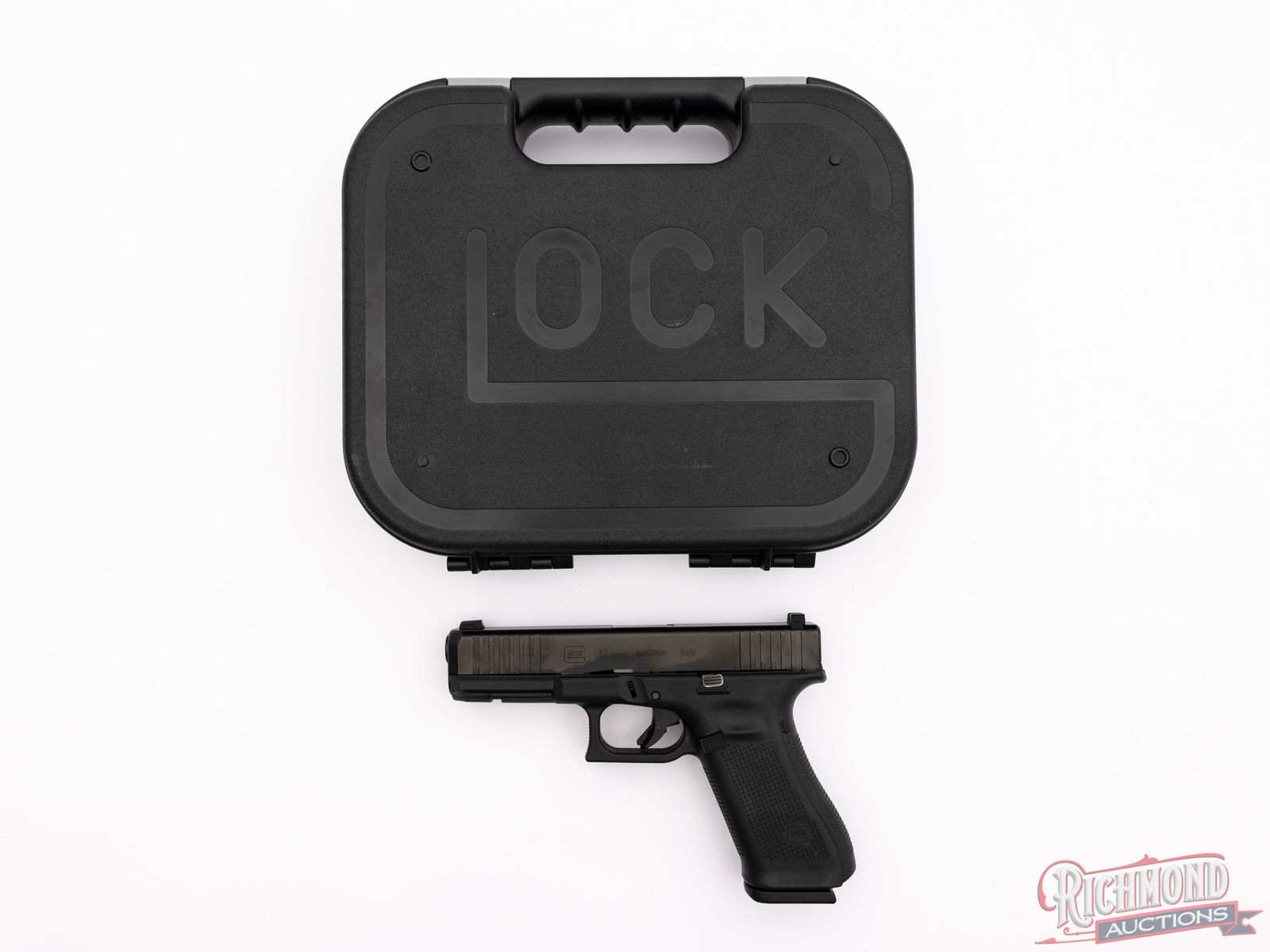 Glock 17 Gen 5 Semi-Auto 9MM Pistol In Original Case: Manufactured in Austria by Glock. This pistol features a 4.6" barrel with Tritium TruDot night sights, rear drift adjustable. Black with factory nPVD slide finish. Striker fired semiautomatic action