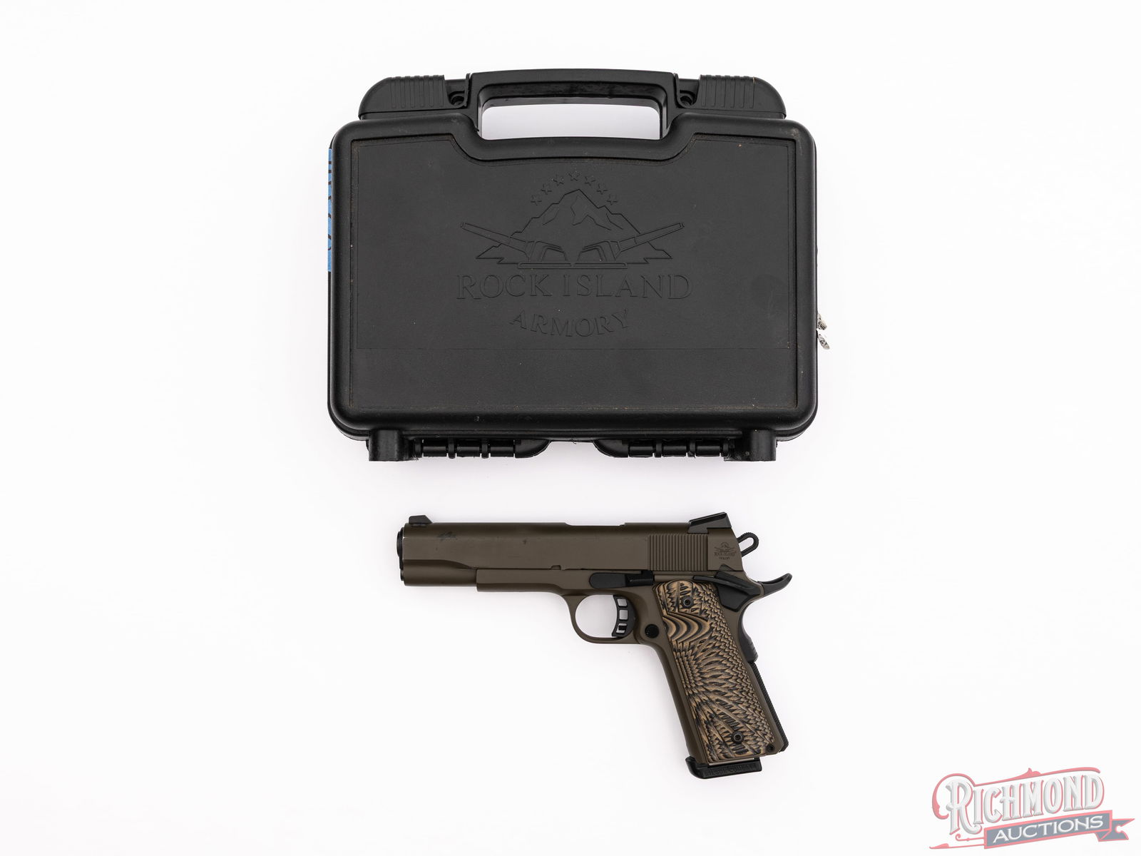 Armscor Ria M1911A1-FS 45 ACP Semi-Auto Pistol In Exclusive Olive Finish: Manufactured by Armscor for Rock Island Armory. Davidson's Exclusive finish of Olive Drab cerakote with black controls. Features a 5" barrel with low profile notch and blade sights. 1911 style grip