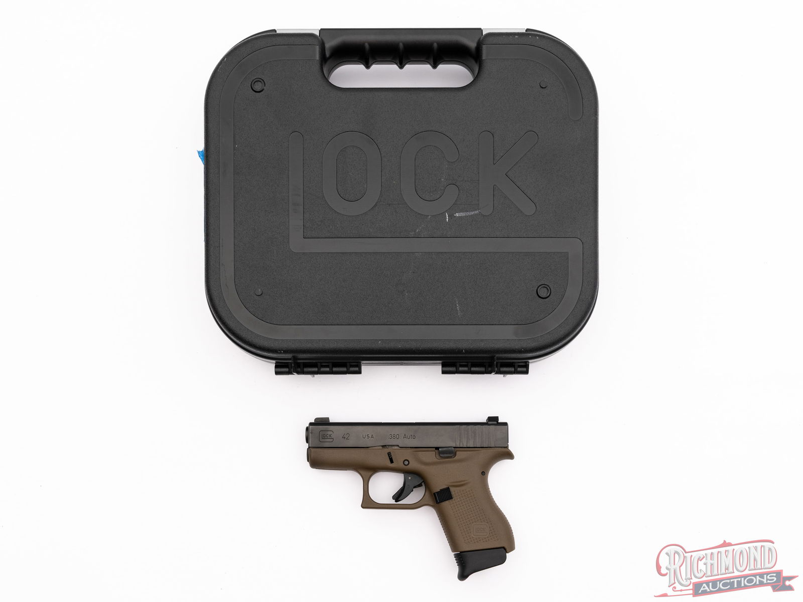 Glock 42 .380 ACP Duo-Tone FDE Semi-Auto Pistol In Original Box: Manufactured by Glock, and a great concealed carry option. Features a 3-1/4" barrel with upgraded Ameriglo three dot sights. Original factory sights included. Lightweight and slim design with black