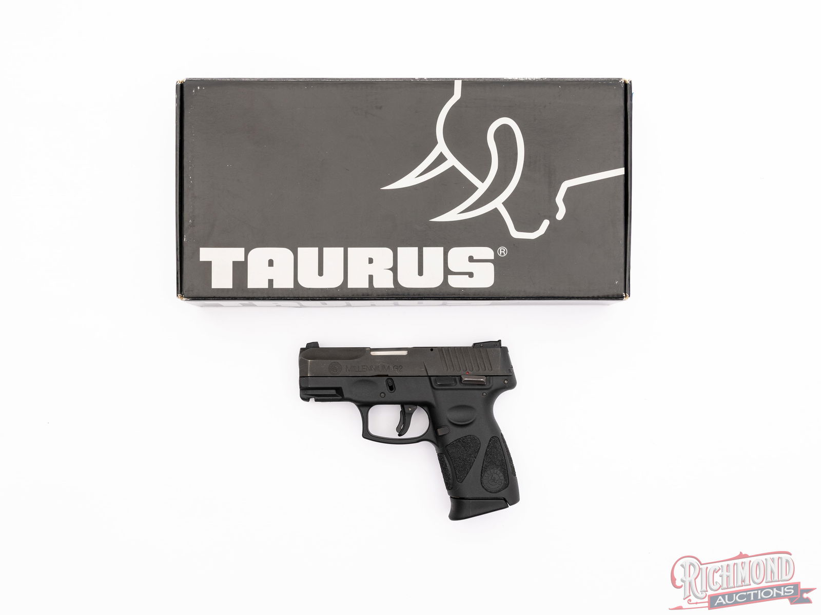 Taurus PT111 G2 Millennium 9MM Semi-Auto Pistol In Original Box: Manufactured in Brazil by Taurus. Features a 3-1/4" barrel with three dot white sights, rear adjustable. Matte black steel slide finish and black polymer frame with accessory rail for laser or light.