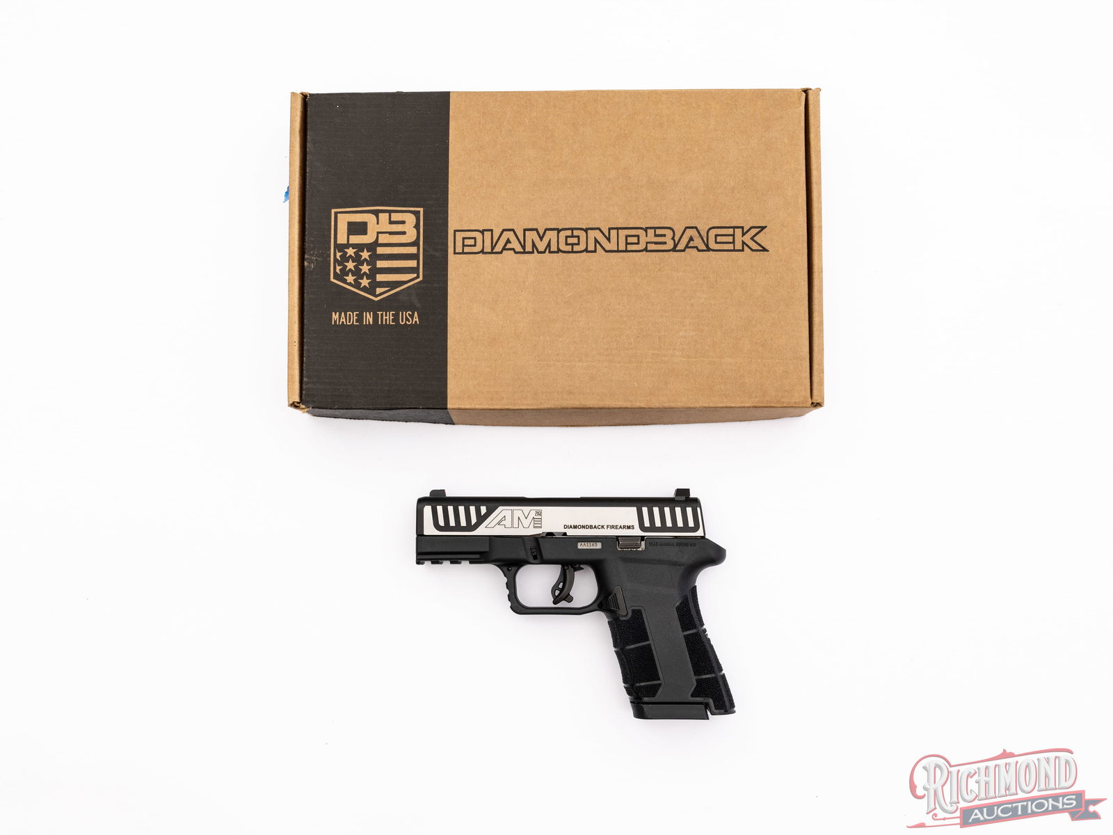 Nice Diamondback Firearms DBAM29 9mm Duo-Tone Semi-Auto Pistol In Box: Manufactured by Diamondback Firearms. Features a 3-1/2" stainless barrel with 3-dot sights. Striker fired semiautomatic action with safety trigger and loaded chamber indicator. Duo-tone black and
