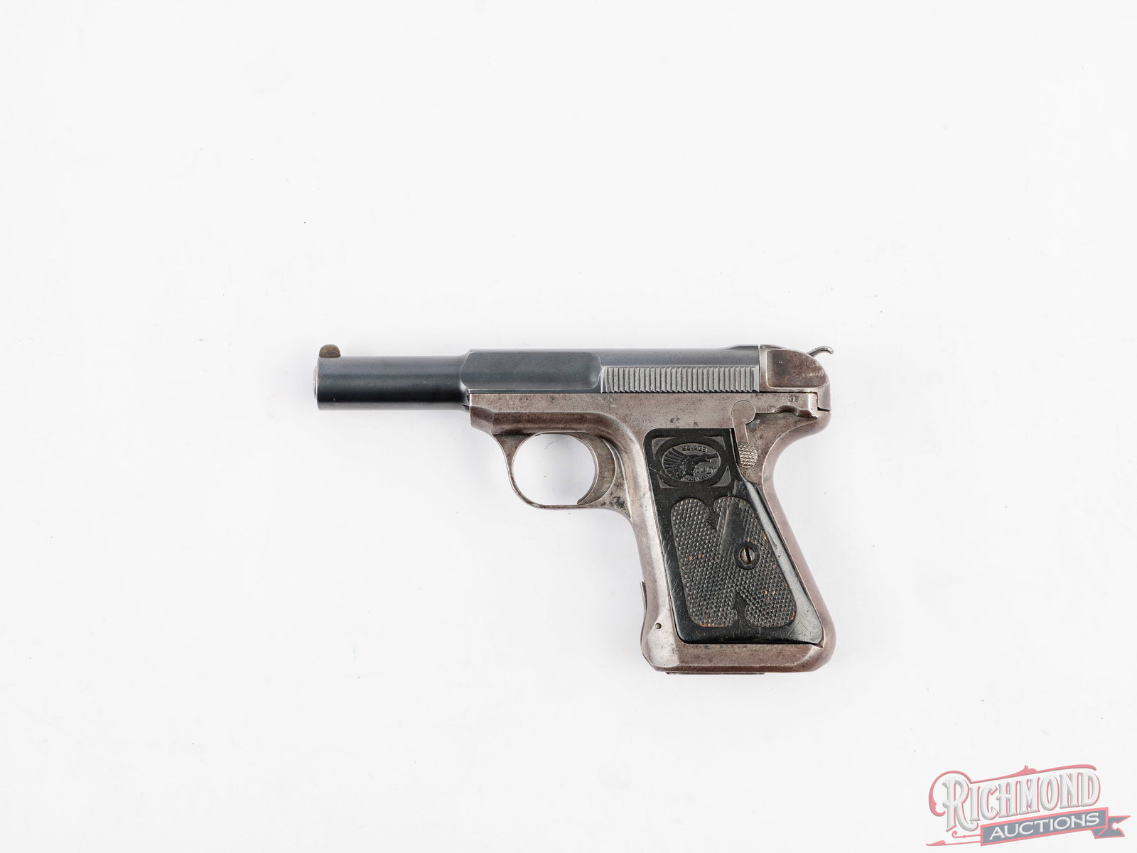 Savage Arms Model 1907 / 1905 .32 ACP Semi- Automatic Pistol: Manufactured by Savage Arms in Utica NY between 1912 and 1920. This model 1907 (often called model 1905 because of the date on the barrel) features a 3-3/4" barrel rear integrated notch and blade fron