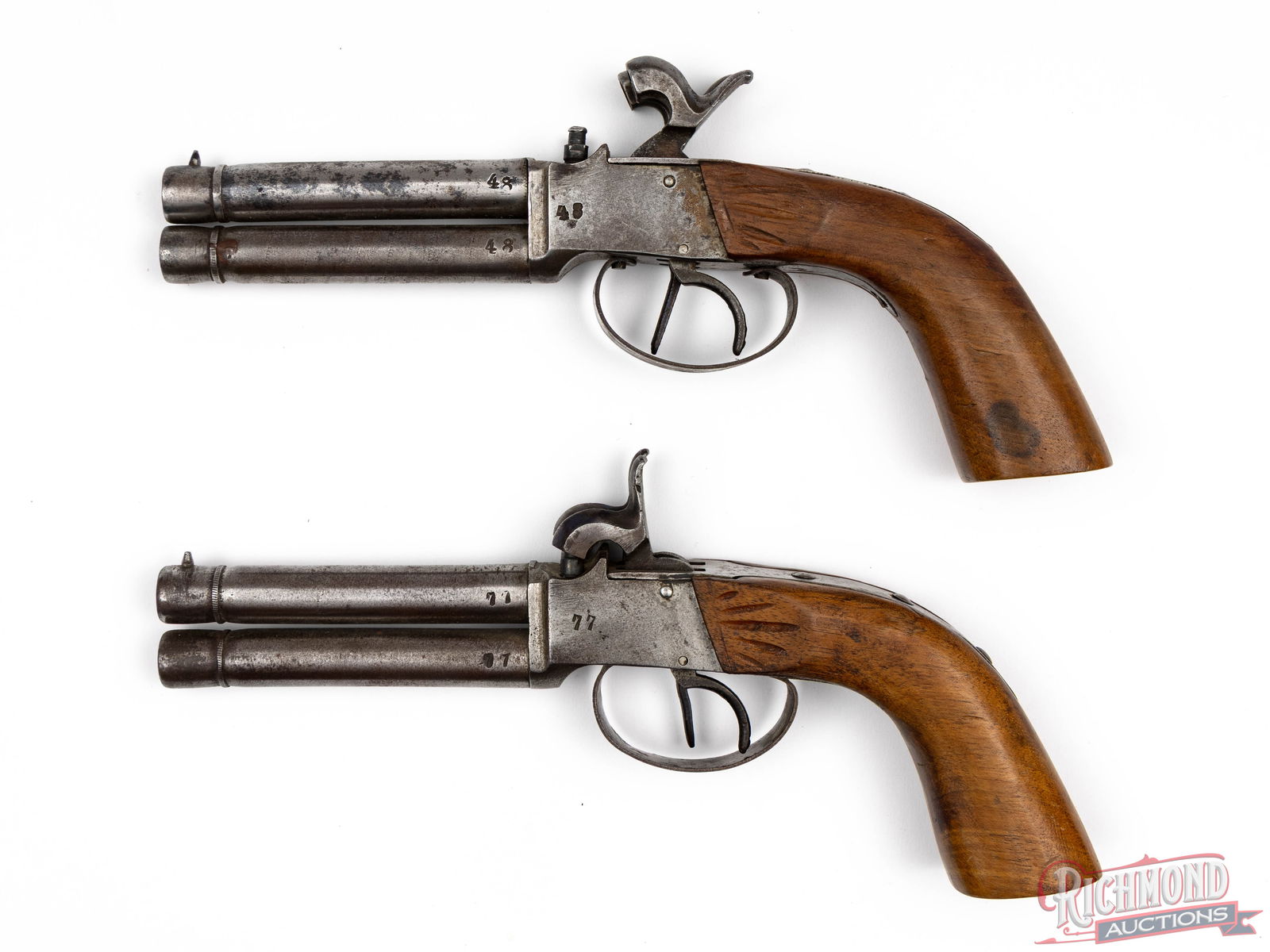 Pair of German Screw Barrel 40 Caliber Over/Under Percussion Pistols In Case - 2