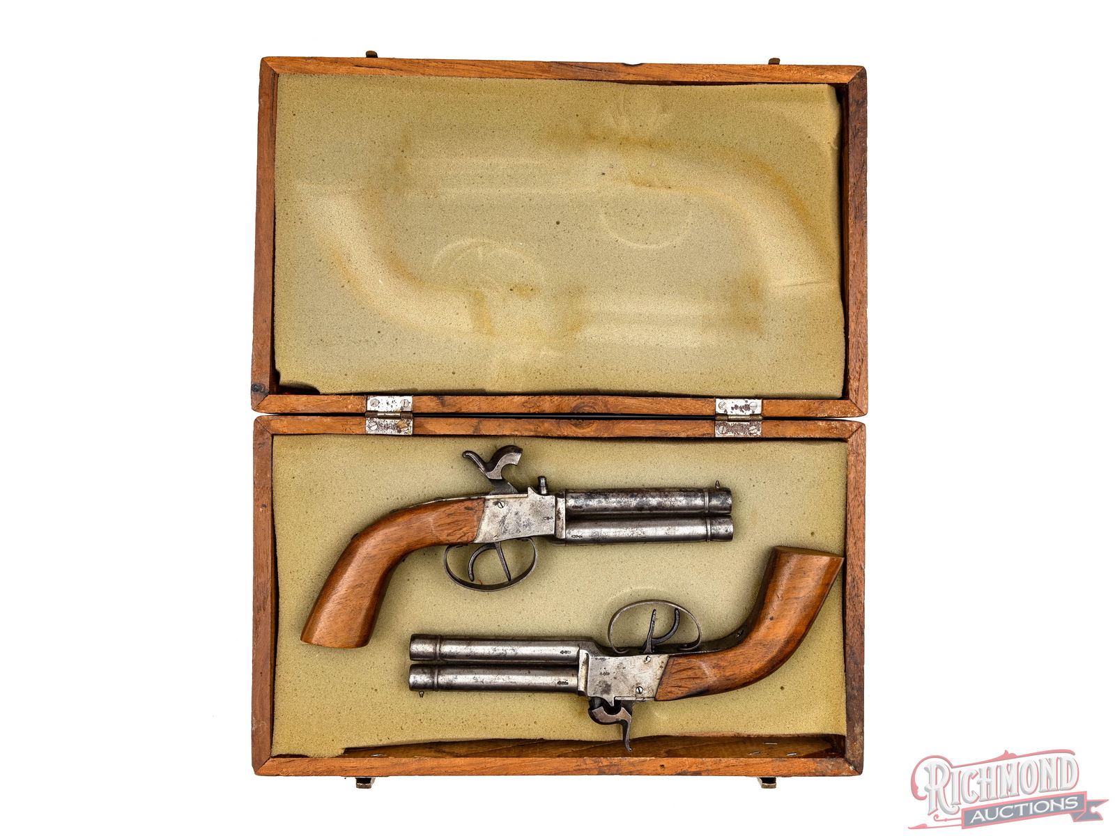 Pair of German Screw Barrel 40 Caliber Over/Under Percussion Pistols In Case - 3