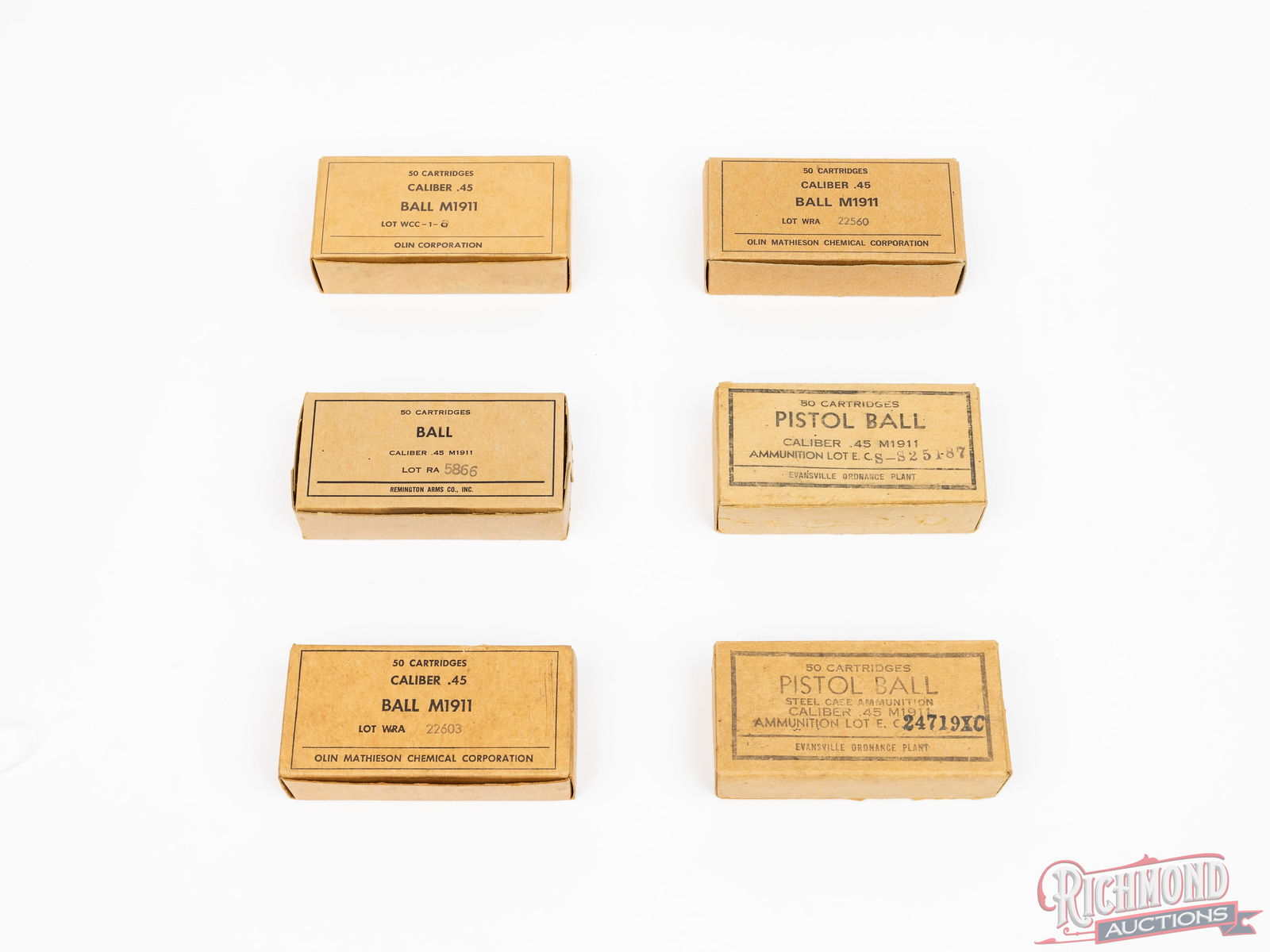 300 Rounds .45 Auto M1911 Pistol Ball Ammunition Olin, Remington & Evansville Ordnance: Six boxes of .45 caliber M1911 pistol ball ammunition. Each box contains 50 rounds each. Two boxes of Olin Mathieson Chemical Corp, one box of Olin Corp, one box Remington Arms Co and two boxes of