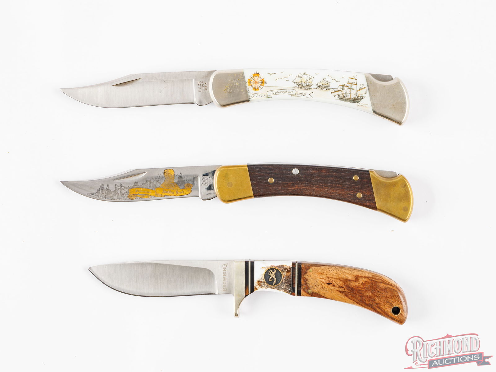 Two Buck Lockback Commemorative Folder Knives & Browning Fixed Blade - 2