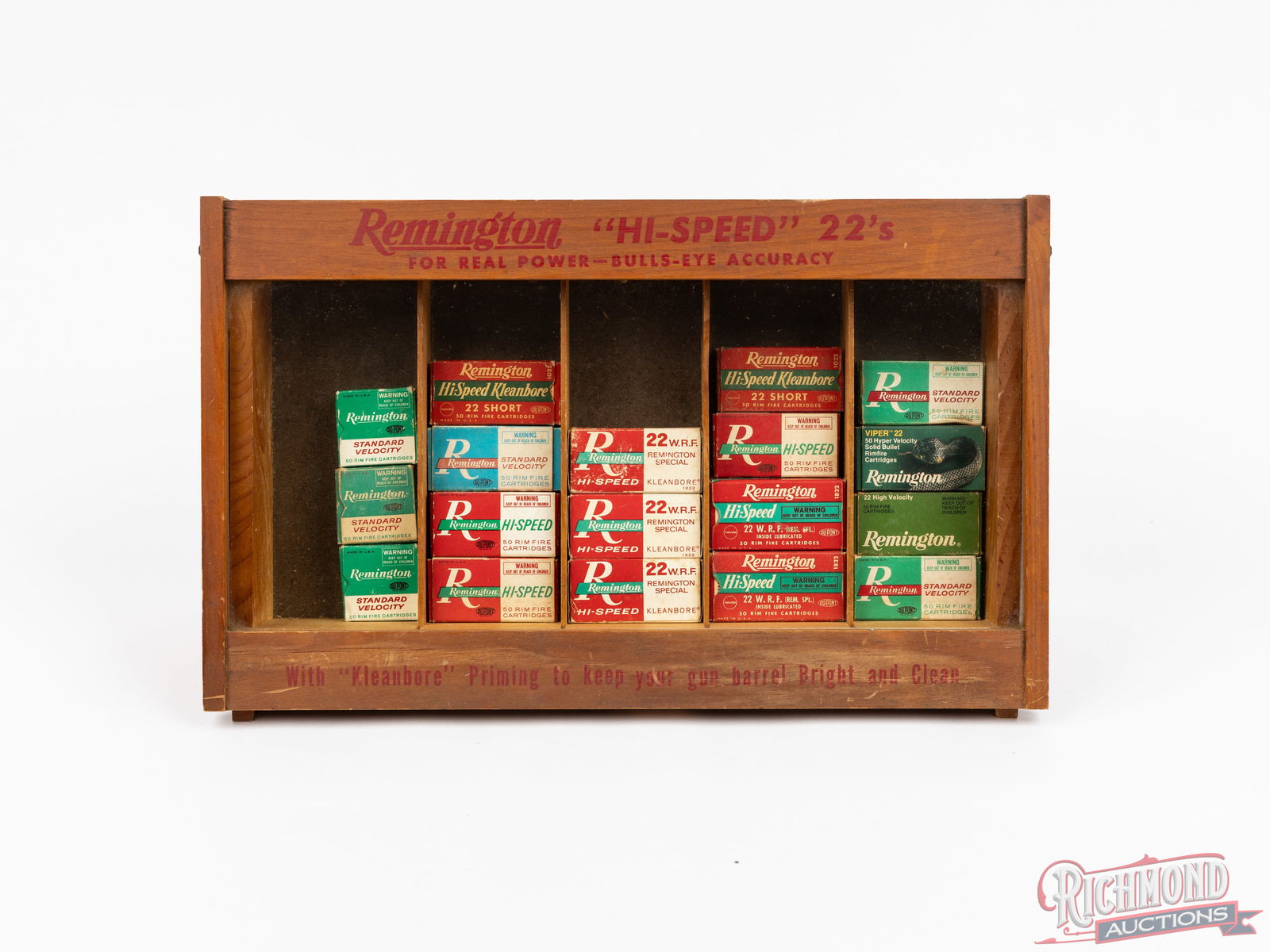 Remington "Hi-Speed" 22's Wood Retail Counter Display & 18 Collector .22 Short & WRF Ammo Boxes: Ready to display! Made circa 1940's for Remington "Hi-Speed" 22's. Wood counter display case with glass front have five slots for ammunition storage. Red lettering on top reads "REMINGTON "HI-SPEED" 2