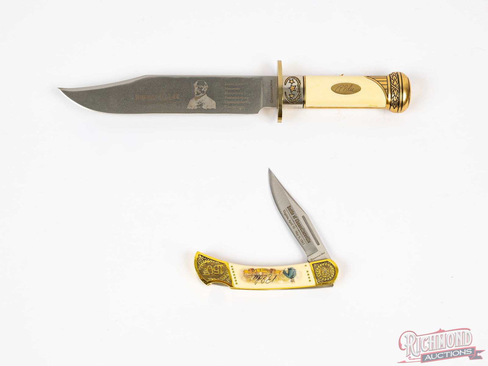 Two American Mint 150th Civil War Commemorative Robert E. Lee Bowie Knife & Pocket Folder Knife - 2