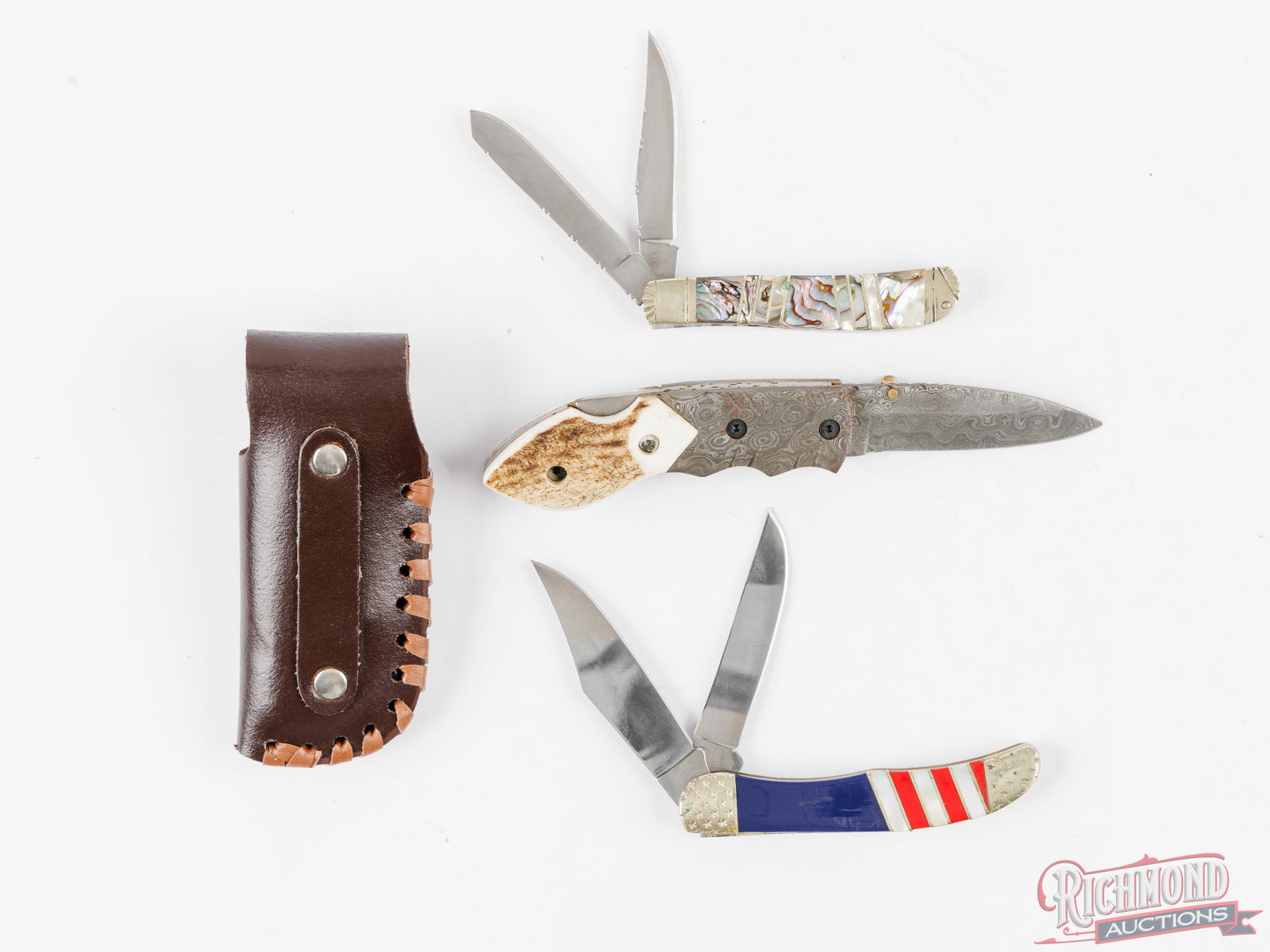 Three Stauer Folding Knives Abalone, Damascus And Stag, USA Stars & Stripes - 2