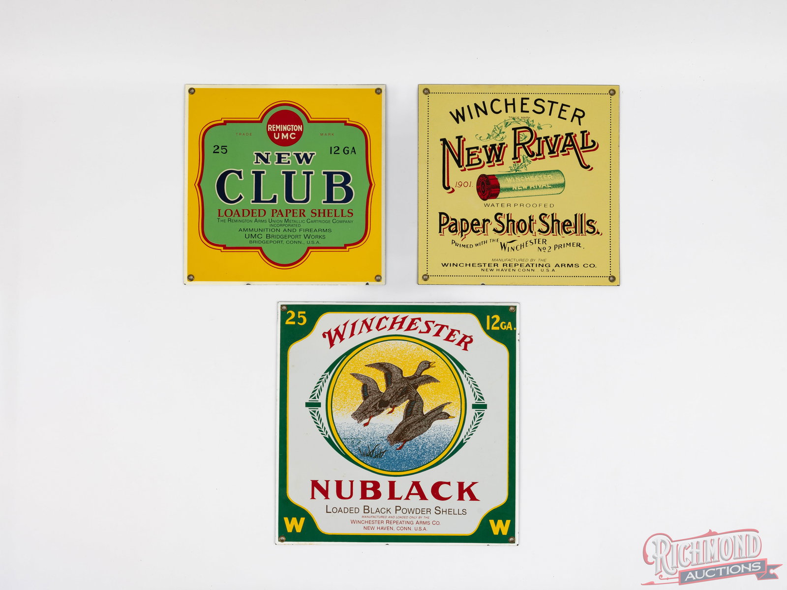 Three SSP Winchester Nublack, New Rival & Remington UMC New Club Shotshell Reproduction Signs (1 of 2)