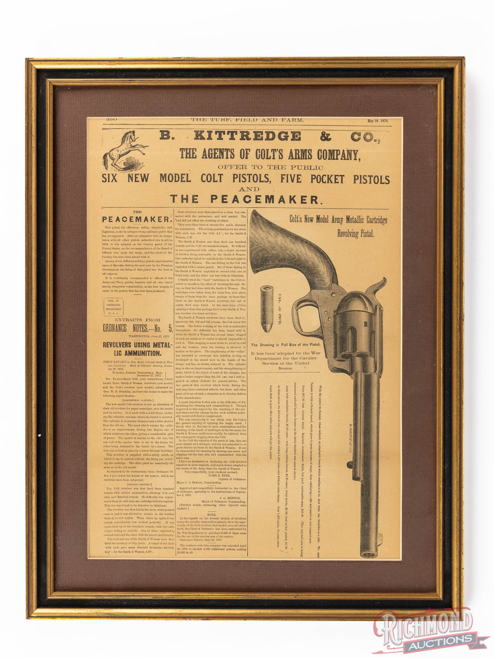 B. Kittredge & Co The Agents of Colt's Arms Peacemaker Framed 1876 Advertisement (1 of 2)