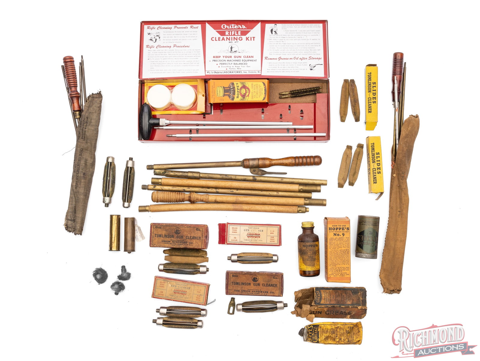 Collection of Vintage Gun Cleaning Kits And Tools: This collection of vintage cleaning kits and tools for use on shotguns and rifles. Included in this lot is an Outers rifle Cleaning kit with metal storage box and outer cardboard label. There are many