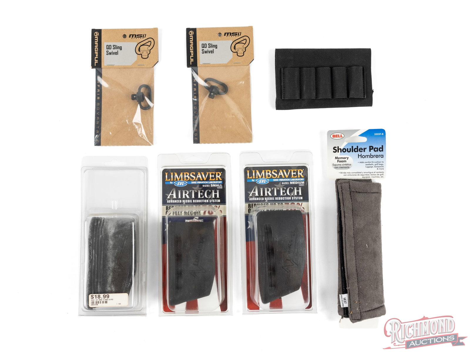 Limbsaver Recoil Pads And Accessory Lot: This lot contains 3 Limbsaver recoil pads. Included is a size small and medium new in the package, and one used one with no size marked. Also included in this lot is a shoulder pad to attach to a