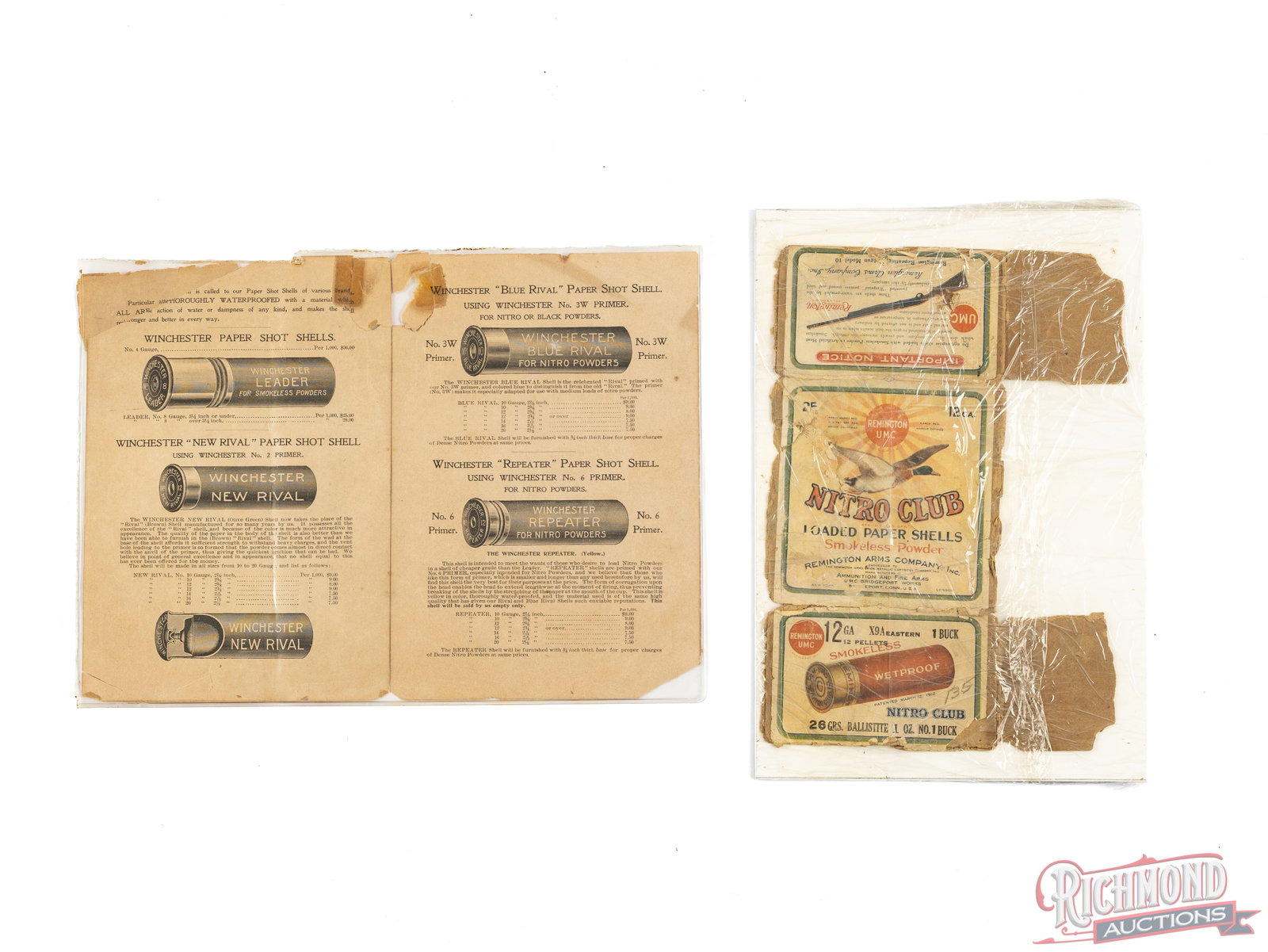 Winchester Shot Shell Price List And Remington UMC Nitro Club Box Label: This Winchester 4 page price list shows the prices for the different types of shot shells produced by the Winchester Repeating Arms Co. It measures 8"x11" and is sealed in a plastic cover. Also includ