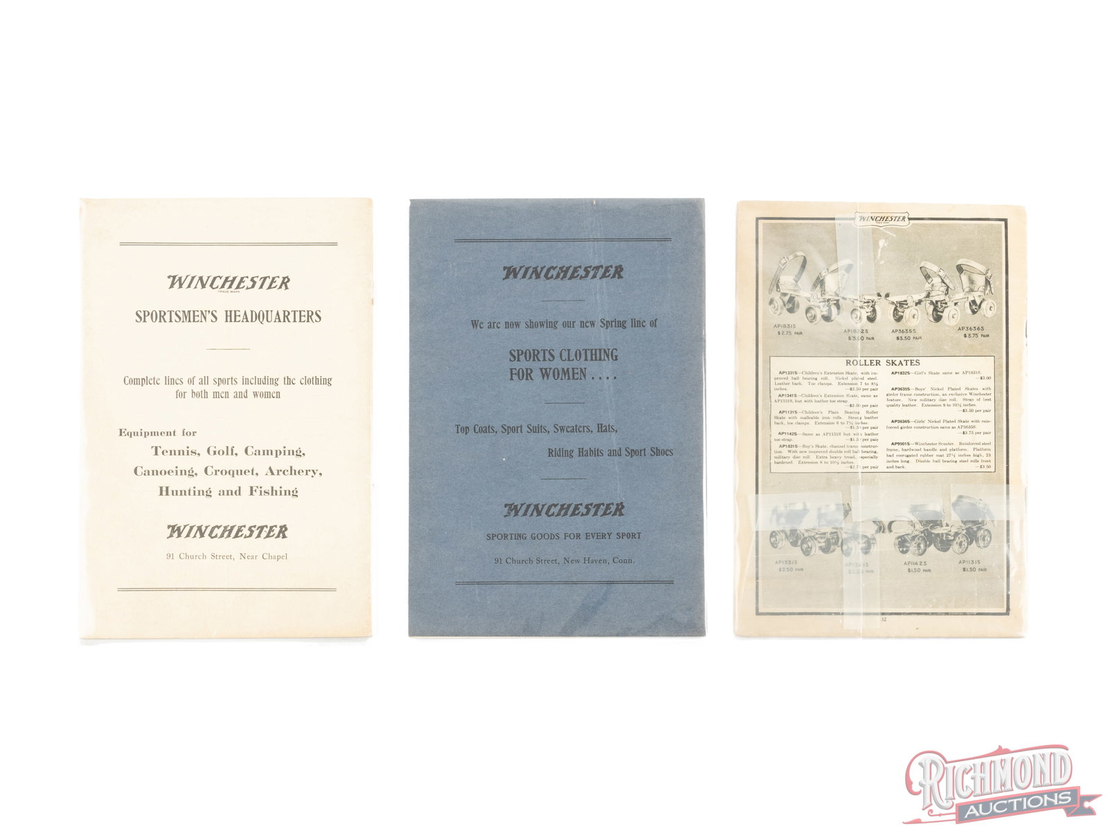 Three Winchester Product Catalogs: There are 3 Winchester product catalogs available in this lot that measure 6"x 9". The catalogs are sealed in plastic and two have no visible date. One catalog is for the Spring line of Women's clothi