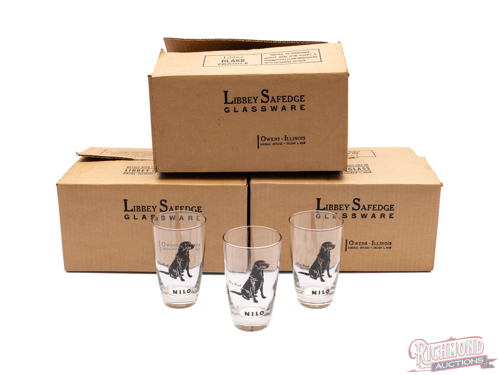 18 Glasses With NILO Dog Training And Hunting Club: There are 3 cases of 6 glasses featuring the NILO name with the image of a black labrador. NILO was the name of the dog training and hunt club outside of St. Louis that was started by John Olin, Presi