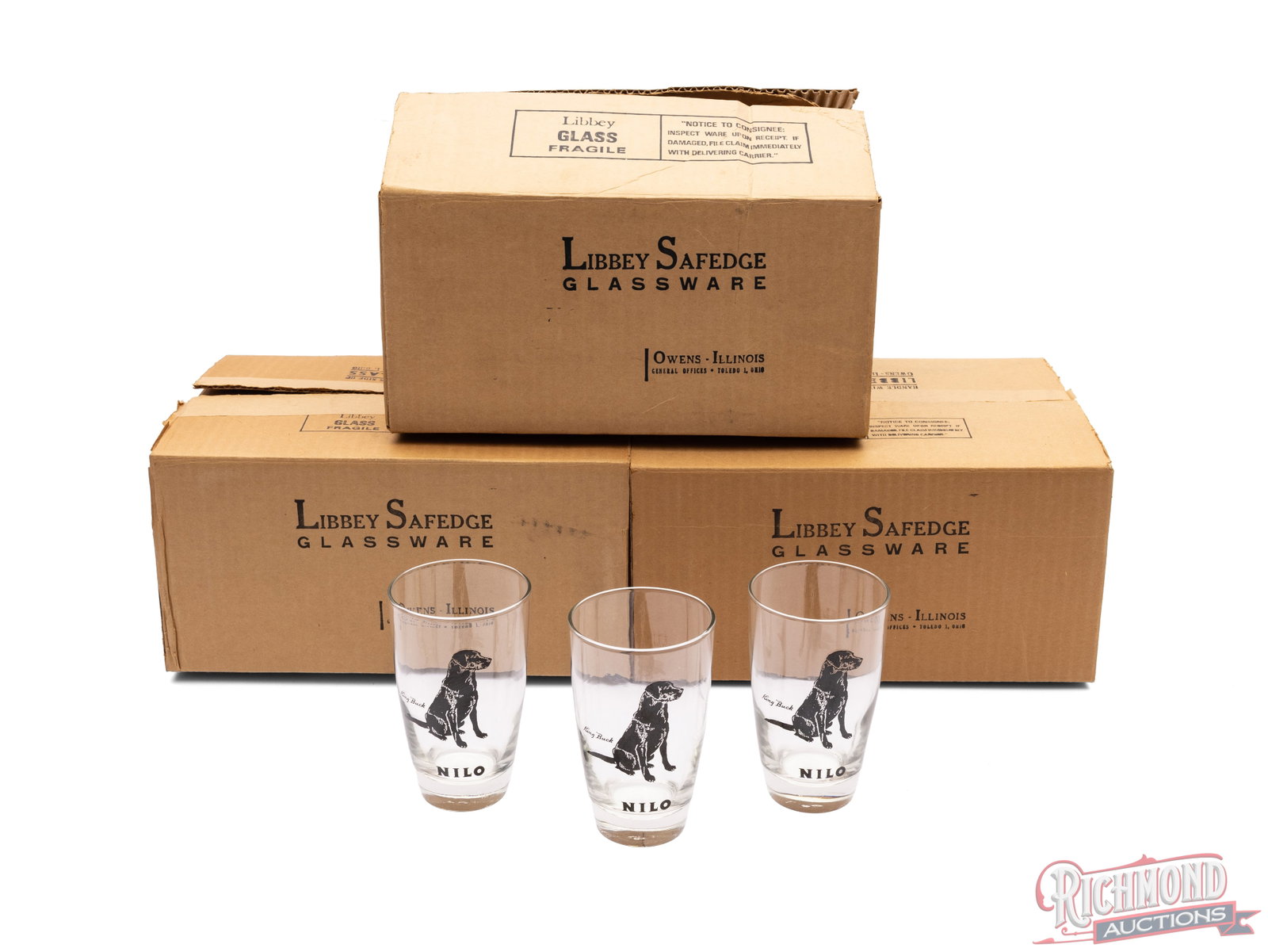 18 Glasses With NILO Dog Training And Hunting Club: There are 3 cases of 6 glasses featuring the NILO name with the image of a black labrador. NILO was the name of the dog training and hunt club outside of St. Louis that was started by John Olin, Presi