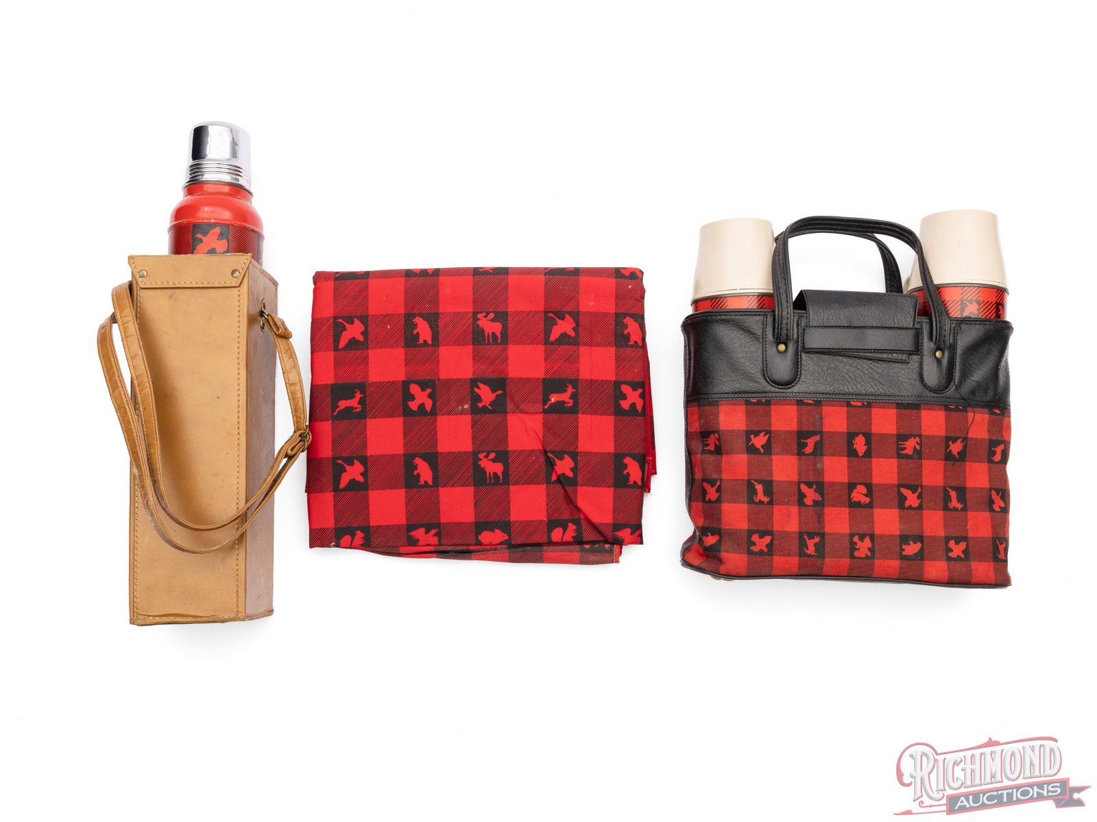 Winchester Picnic Items And Stanley Super Vac Insulated Bottle: This lot contains several picnic items with the Winchester wild game red plaid pattern. The items included are a picnic blanket and a carry bag with 2 Thermos insulated bottles with cup lids and