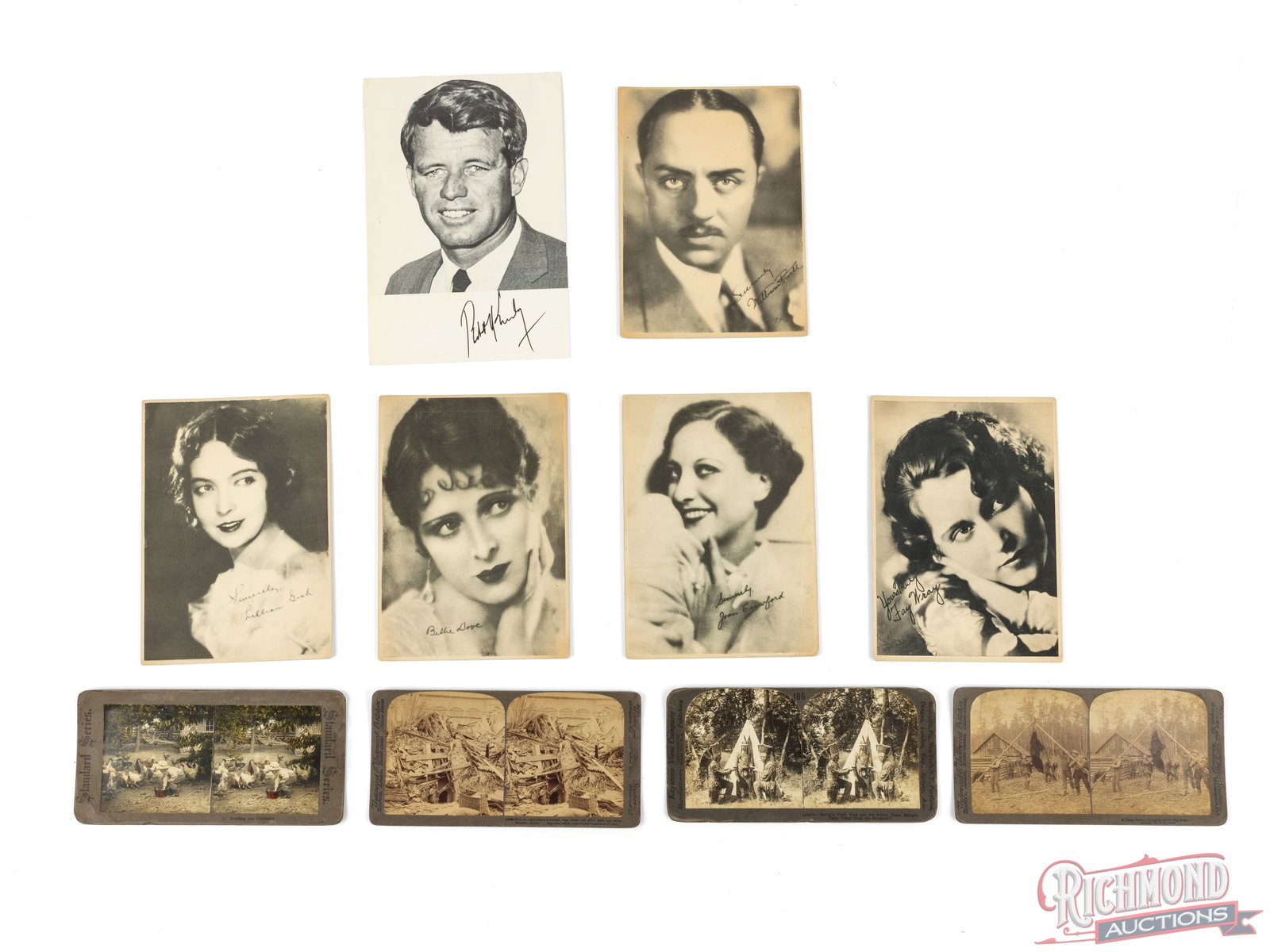 Lot of Stereoview Cards And Celebrity Portraits: This lot contains 4 stereoview cards with different scenes of Camping, Native Americans, and farms. Also included in this lot is 6 portrait photos of celebrities. The photos include Lillian Gish,