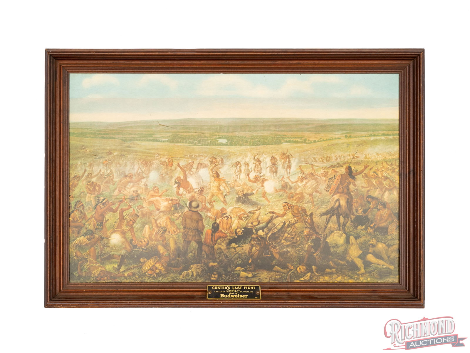 Budweiser "Custer's Last Fight" Framed Cardboard Litho: Measuring 30" x 44" overall in the frame, this is one of many reproductions printed by Adolphus Bush of the original painting "Custer's Last Fight" painted by Cassidy Adams. These were used by